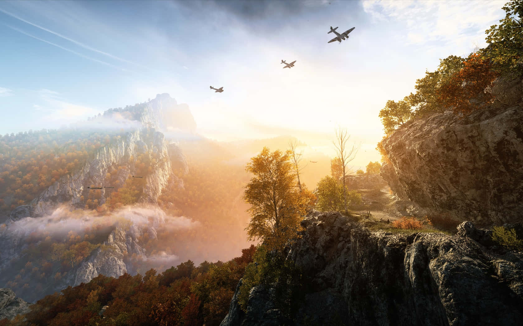 Battlefield 桌布 壁紙 — 戰機在金色日出光芒籠罩的霧氣秋山上翱翔。