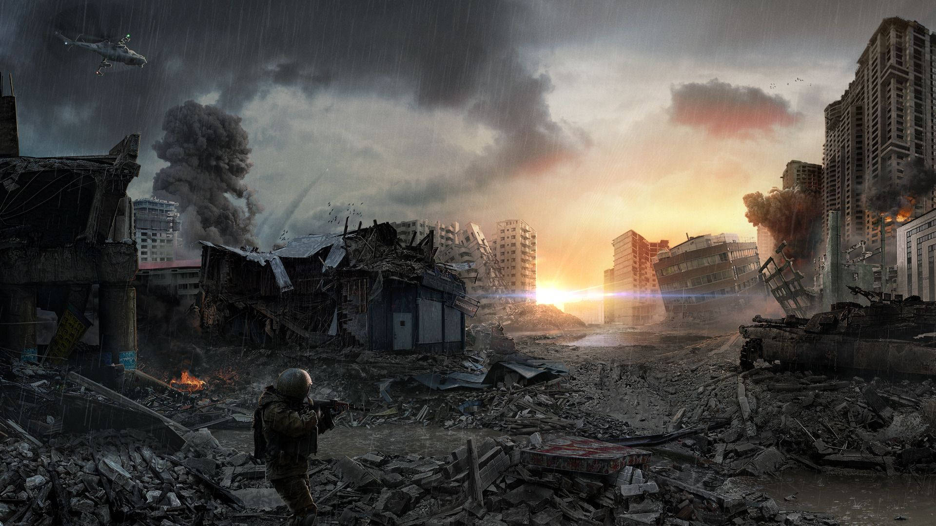 士兵在夕陽暴雨中的廢墟城市，煙霧和火焰