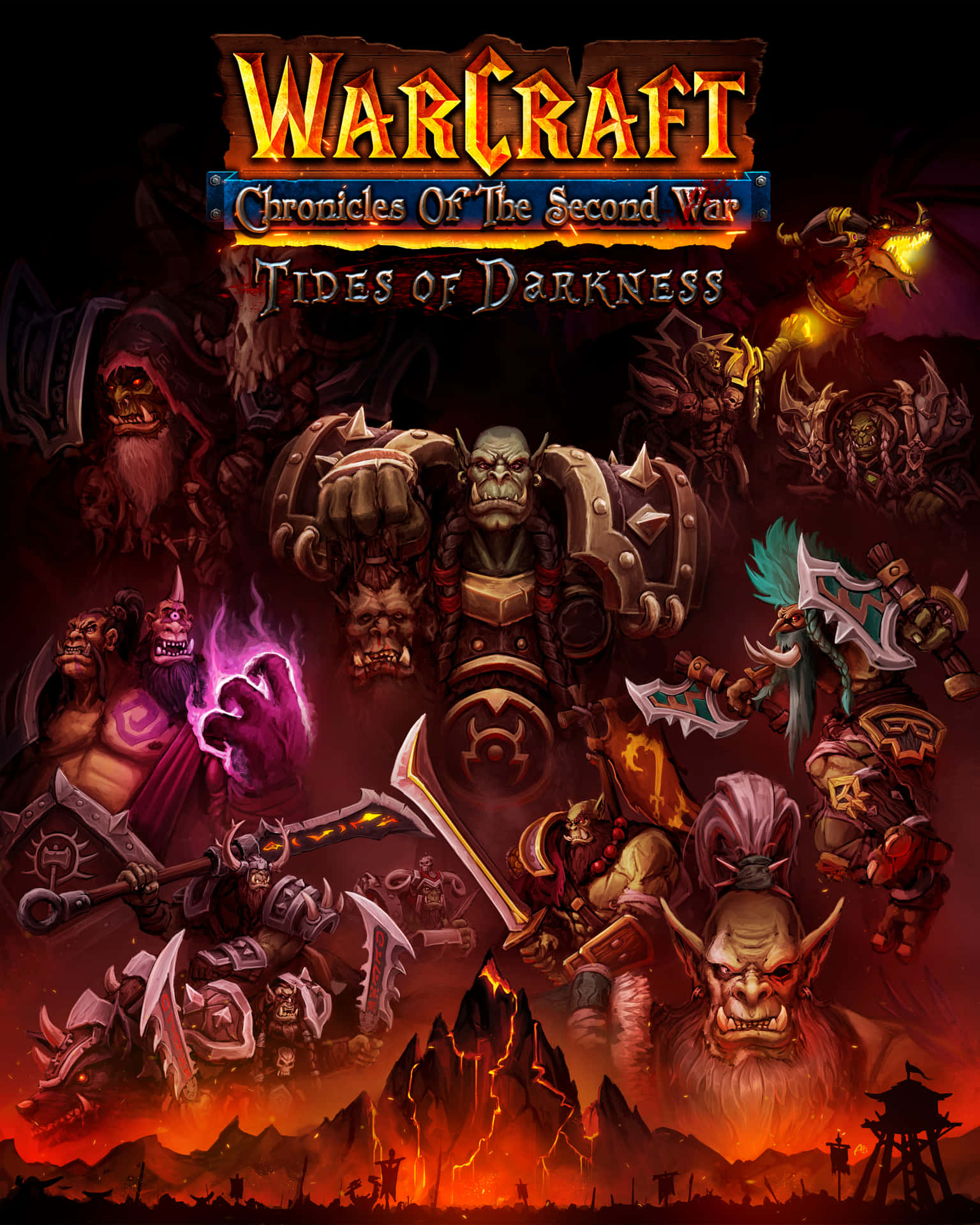 Warcraft 遊戲封面，展示獸人戰士與黑暗魔法和熔岩戰鬥。