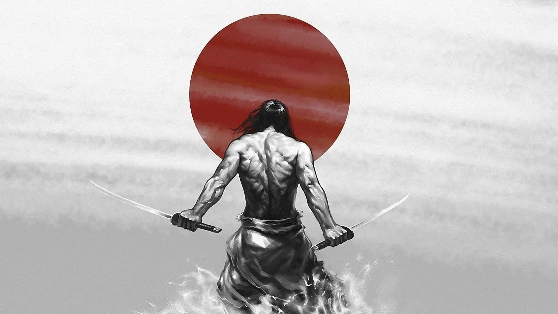 一個武士拿著兩把劍站在水中，背景是紅太陽。