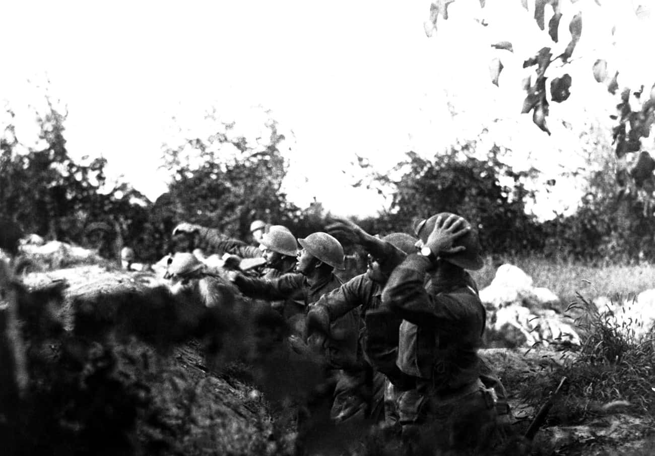 戰爭的殘酷 壁紙 — 戴頭盔的士兵在戰壕後方掩護，樹葉和岩石框出嚴酷的戰場場景。