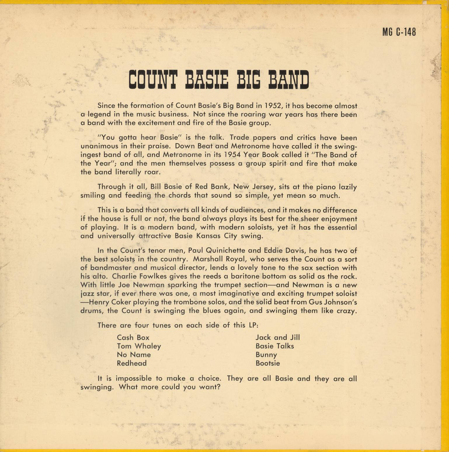 戰爭襲來：康特·巴西日記 壁紙 — Count Basie Big Band 的復古奶油色專輯內頁說明，黑色文字和黃色邊框。