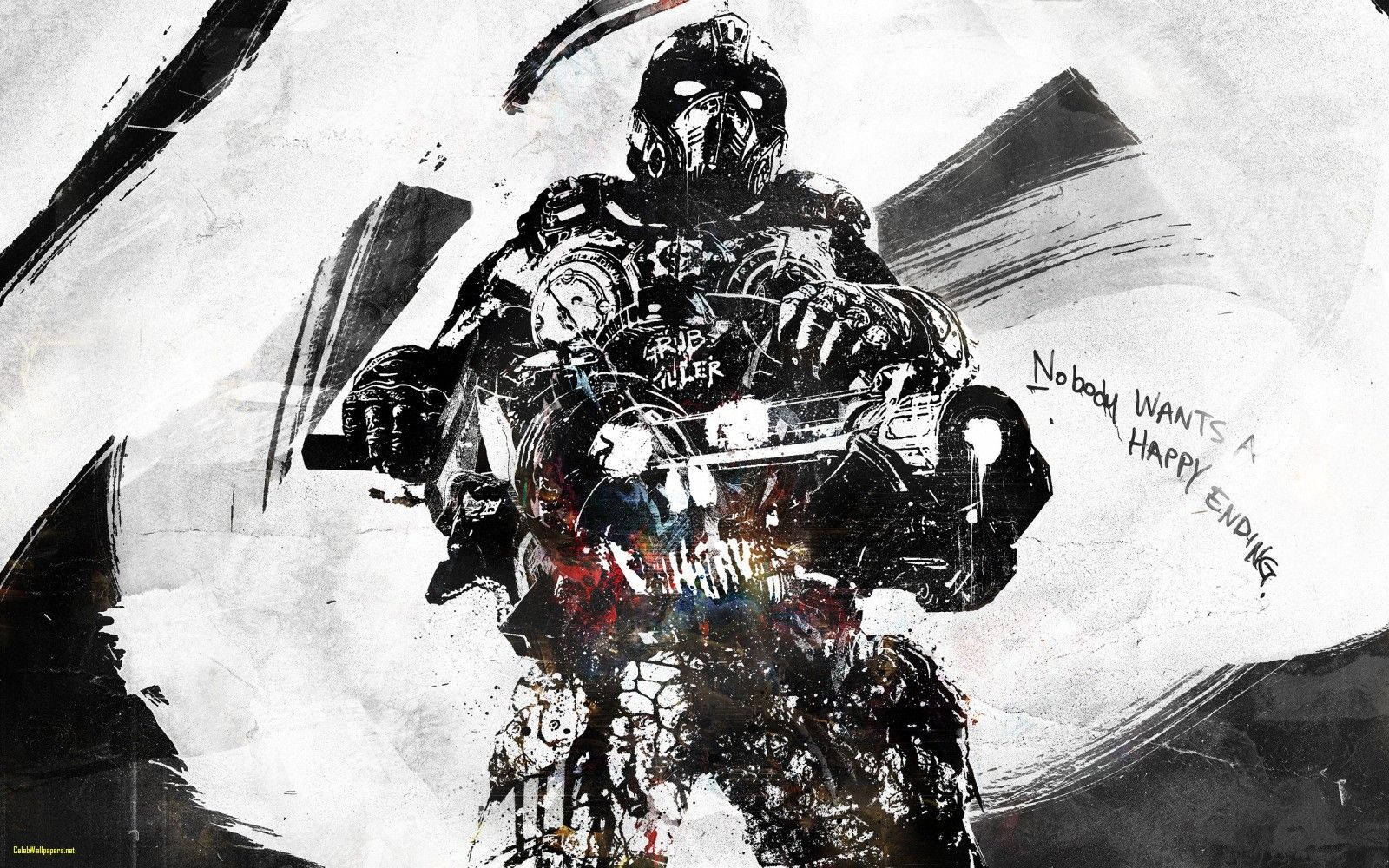 裝甲戰士戴骷髏面具持武器，背景濺有文字