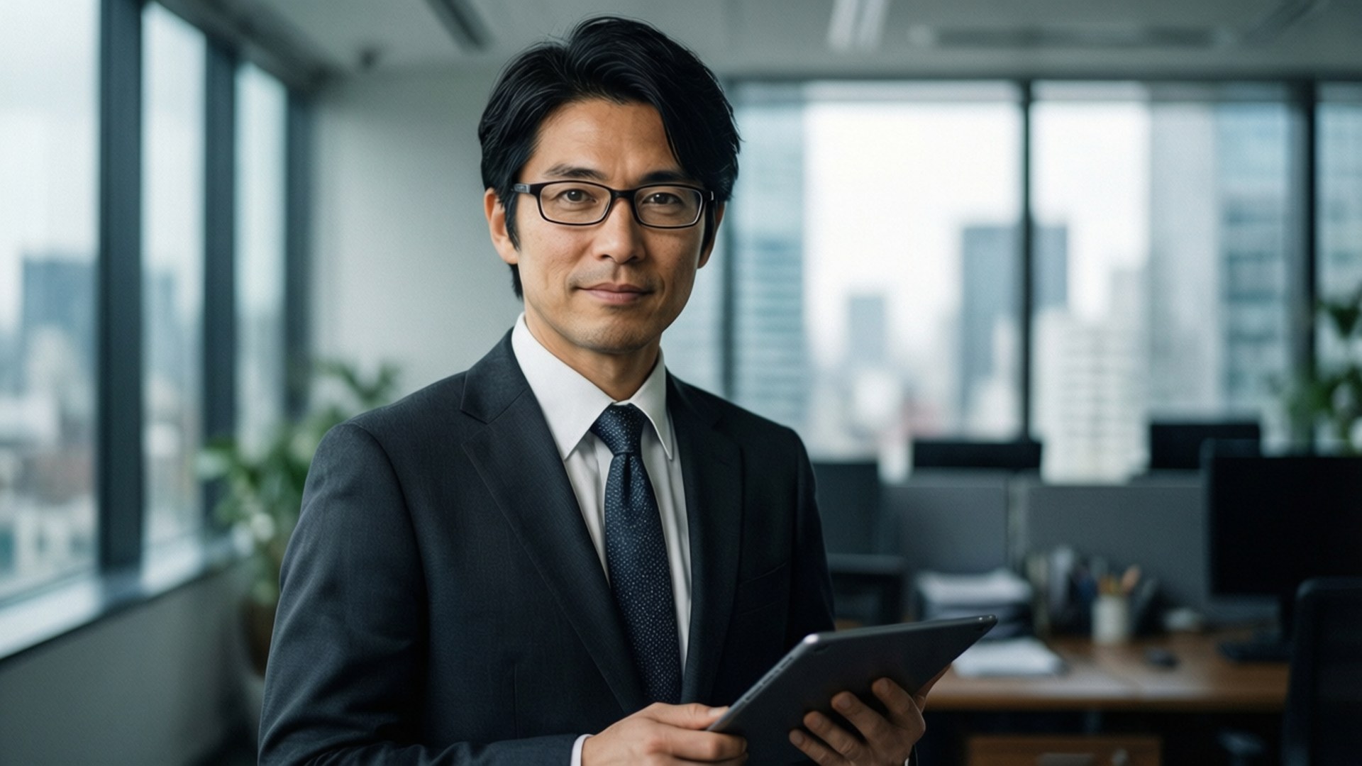 一位穿著西裝的專業男士在可欣賞城市景觀的辦公室中手持平板電腦。