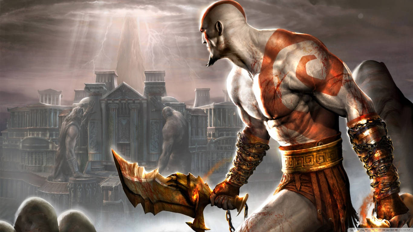 God of War 戰士在風暴中的古代遺跡手持火焰斧頭