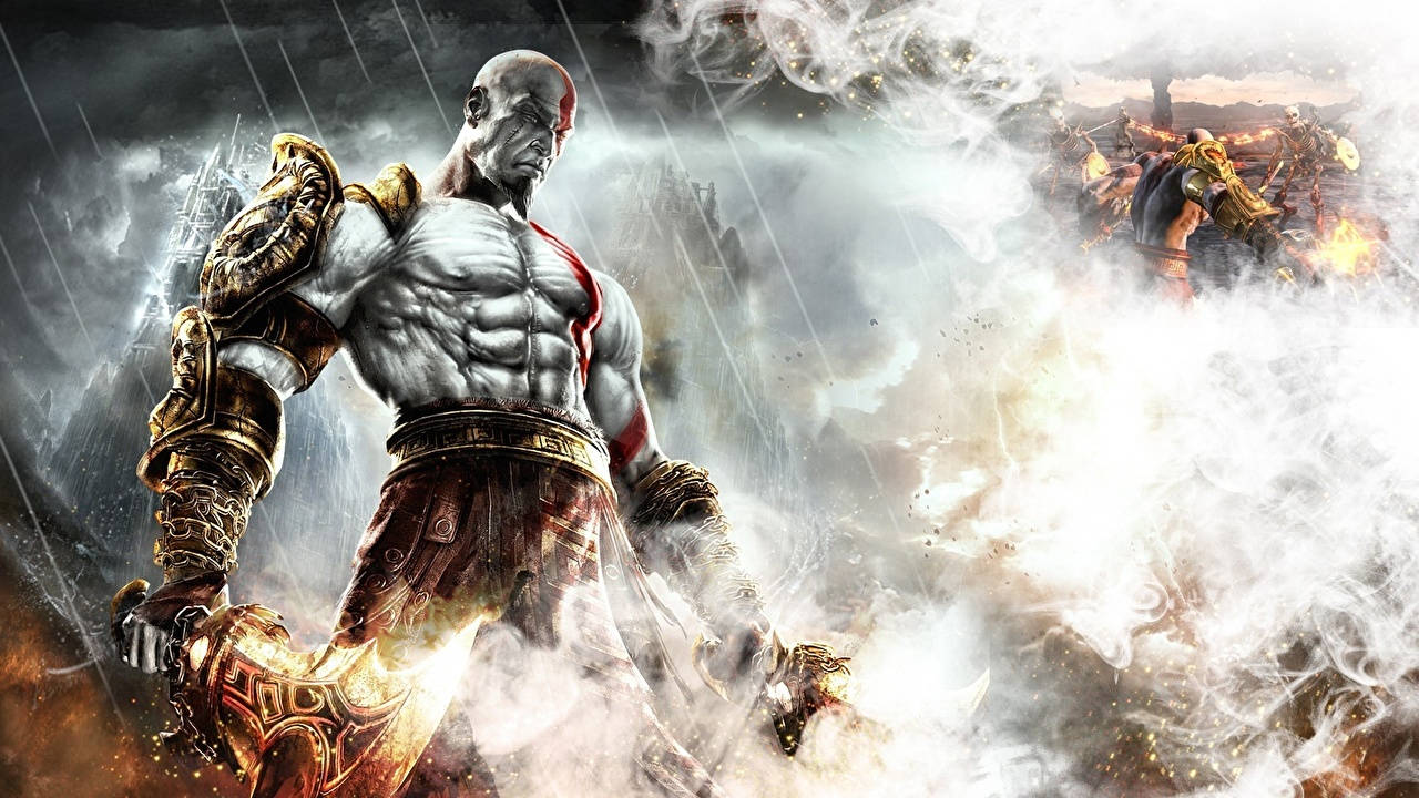God of War 的克雷多斯站在風雨交加的戰場上揮舞著他的斧頭。