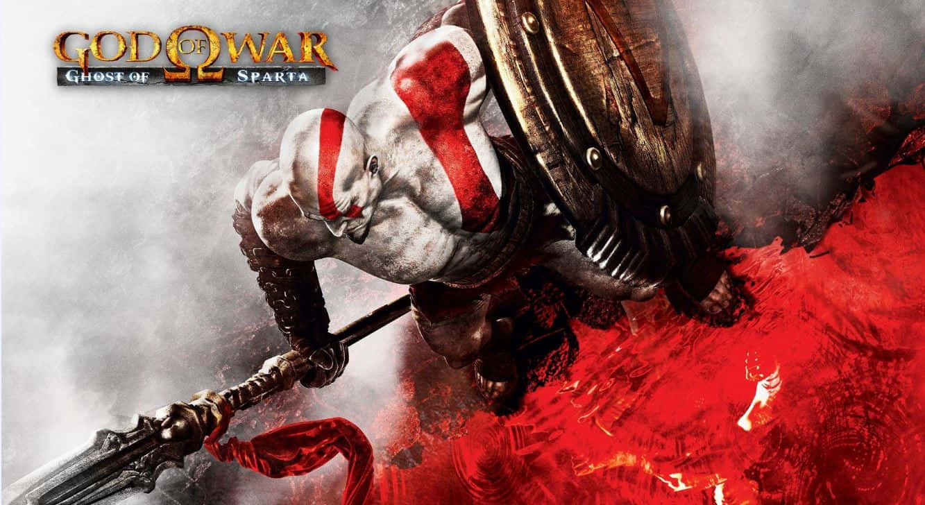 God Of War 桌布 壁紙 — 《戰神：斯巴達之魂》的克雷多斯在旋轉的紅色和灰色煙霧中，手持斧頭和盾牌向前衝鋒。