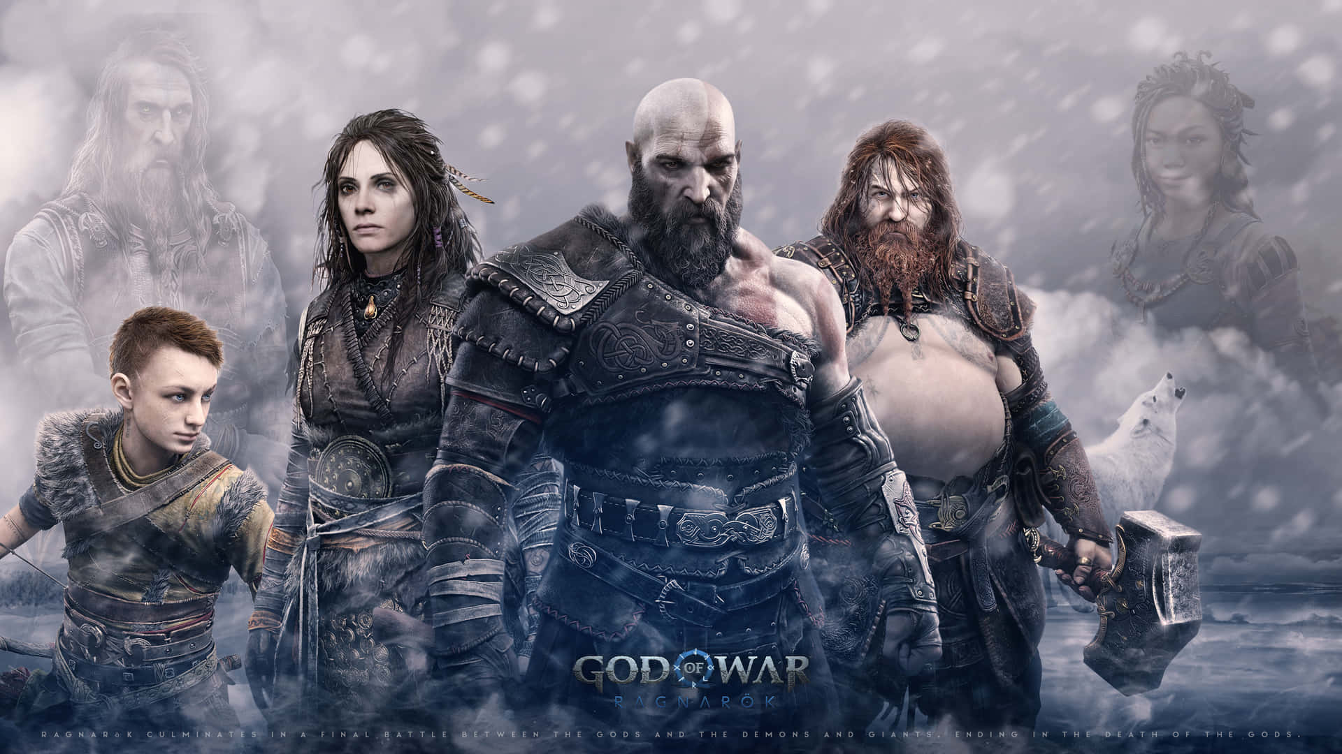 God of War Ragnarök 角色在雪地戰鬥場景中與白狼一起。