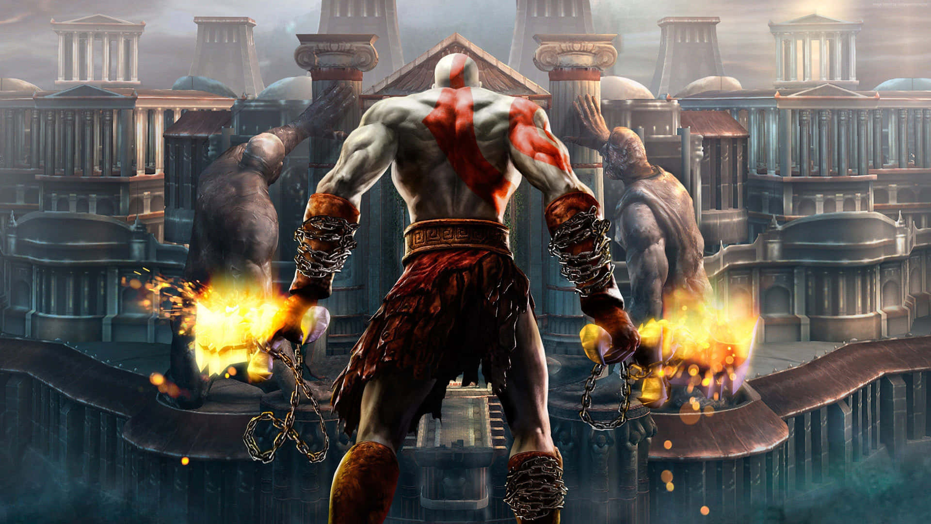 《God of War》中的奎托斯在希臘遺跡環境中手持火焰鎖鏈。