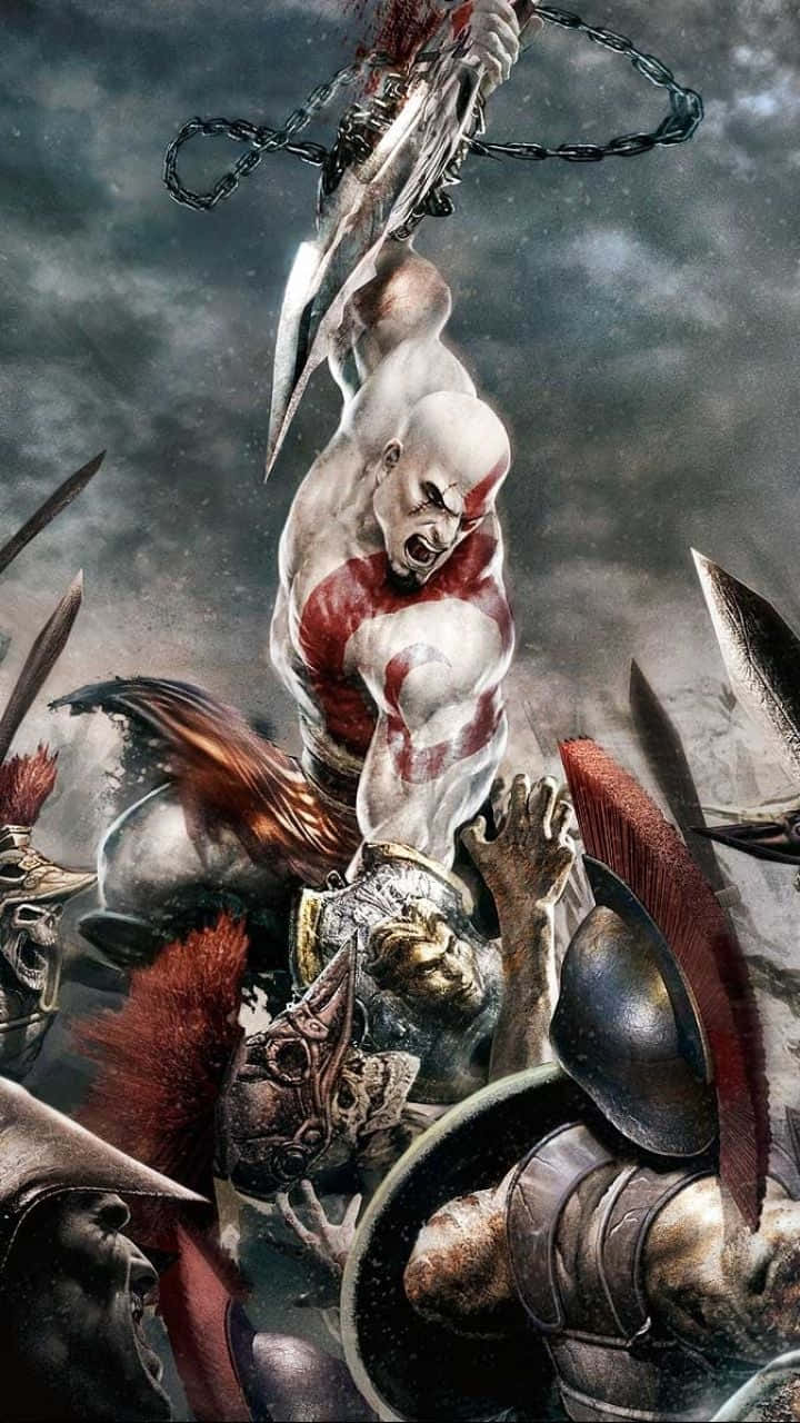 God of War 戰士在暴風雨的戰場上與敵人戰鬥。