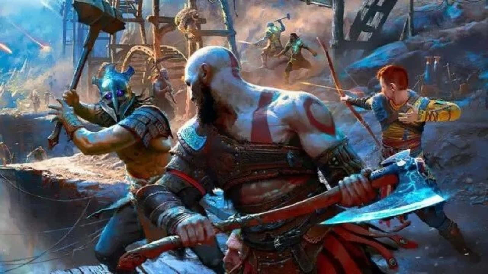 God Of War Characters 桌布 壁紙 — 戰神克雷多斯與兒子阿特柔斯在熾熱的神話戰場上與怪物般的敵人戰鬥。
