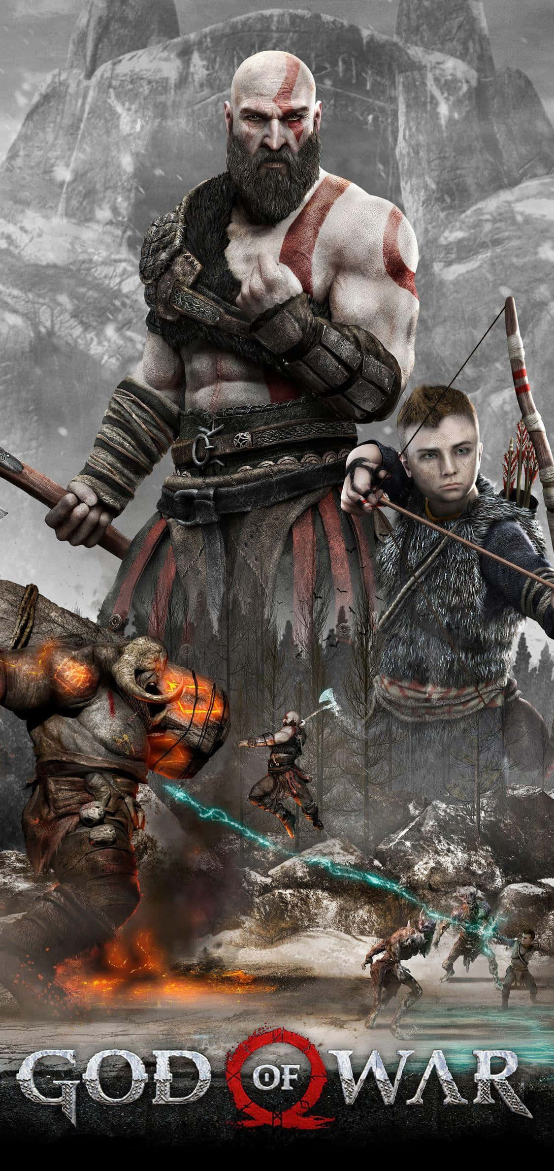 God Of War Characters 桌布 壁紙 — 戰神奎托斯和他的兒子阿特柔斯在白雪覆蓋的山地景觀中準備戰鬥，伴隨著發光的魔法效果。