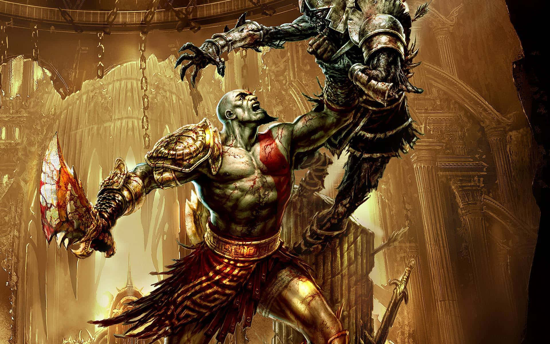 God Of War 桌布 壁紙 — 戰神奎托斯在一個搖搖欲墜的古老寺廟中，與一個穿著盔甲的怪物敵人戰鬥，周圍有金色鎖鏈和發光的光芒。