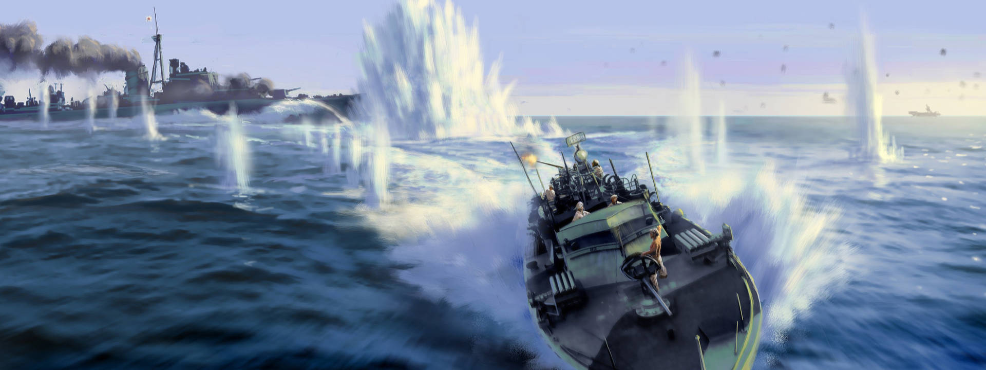 軍艦在黎明時分的海戰中航行於湍急的水域。