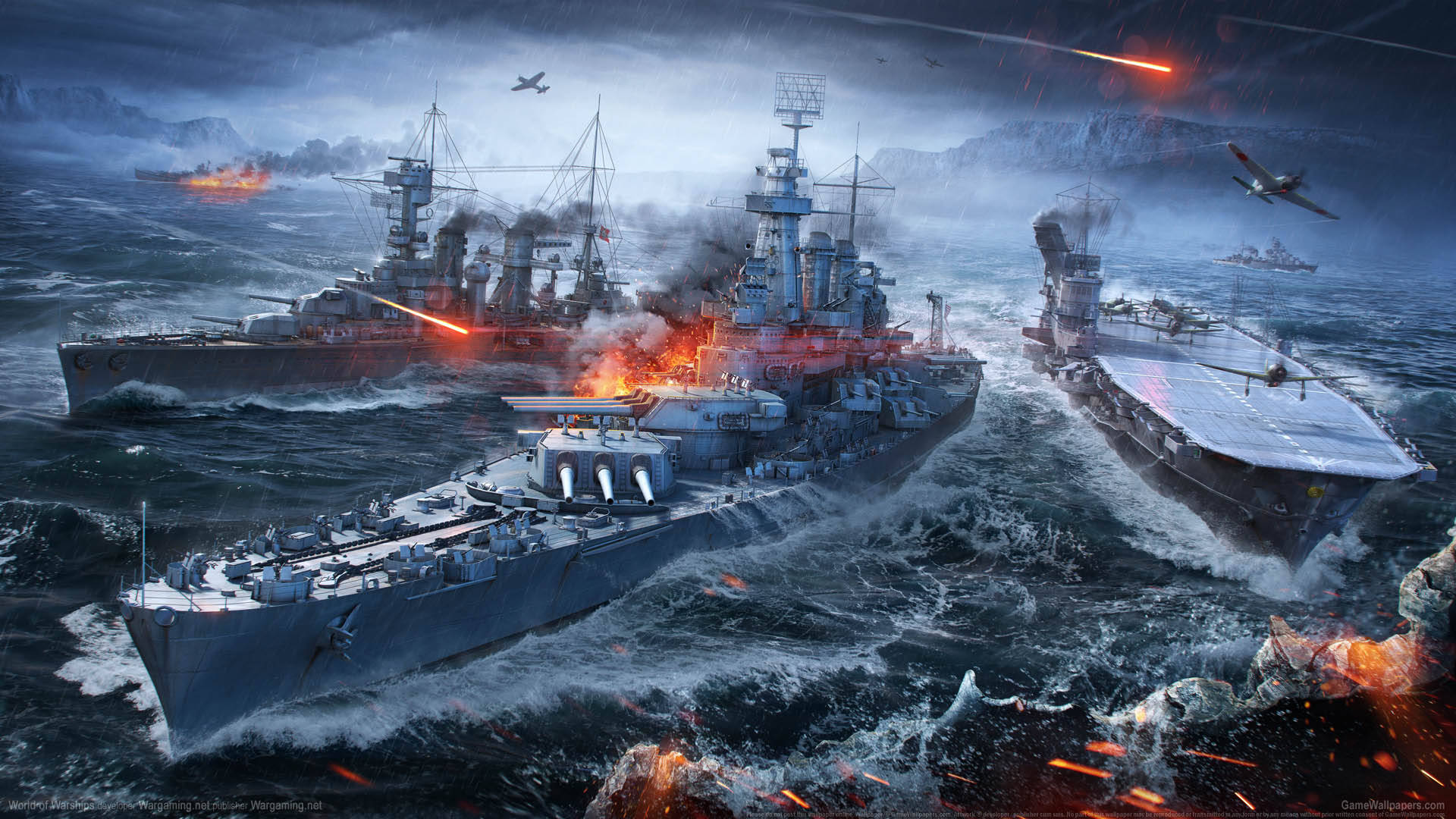 戰艦在壯觀戰鬥中 壁紙 — 戰艦艦隊在暴風雨中碰撞，爆炸、煙霧和戰鬥機在黑暗的天空和洶湧的波浪中交織。