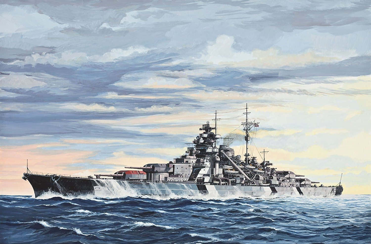戰艦的雄偉氣勢！ 壁紙 — 一艘巨大的戰艦在日落時分戲劇性的多雲天空下，劃過波濤洶湧的藍色海水。