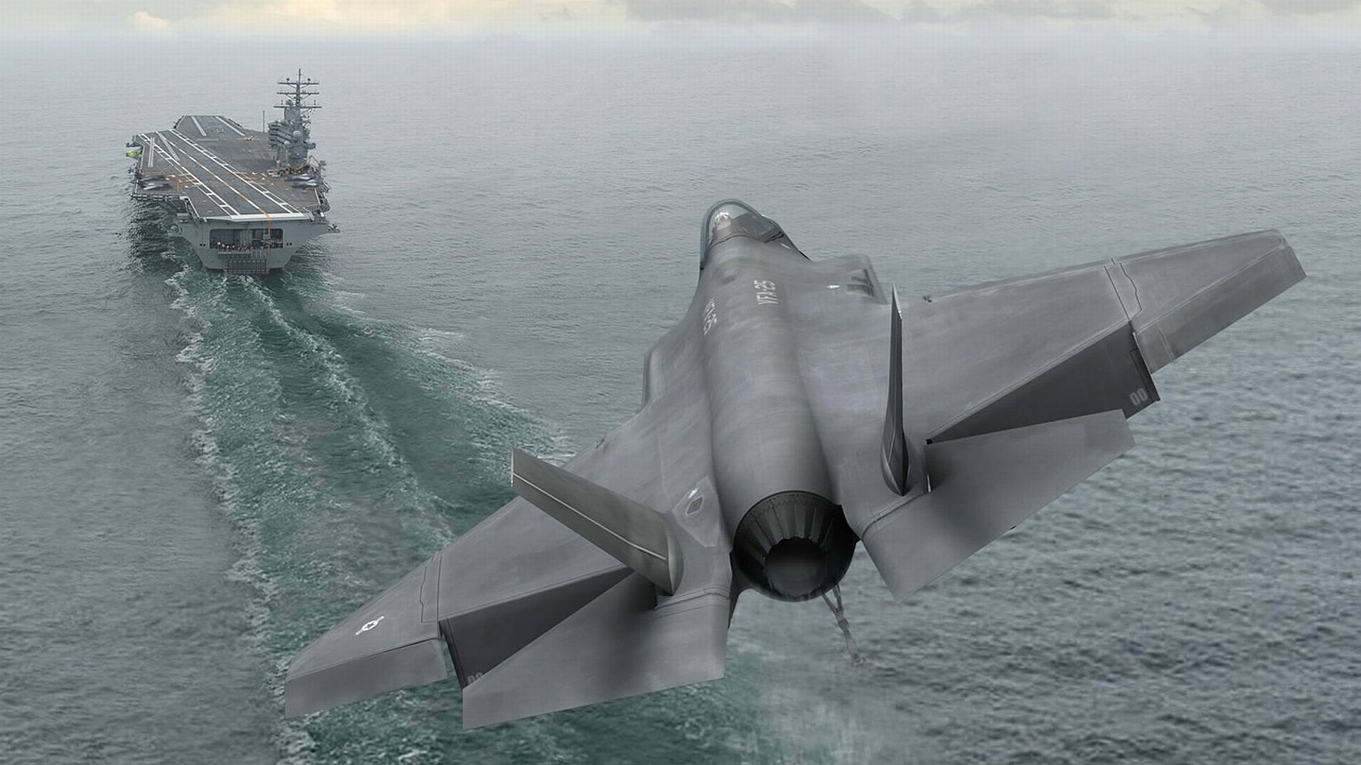 戰艦與戰鬥機 壁紙 — 一架隱形戰鬥機在海洋波浪上方翱翔，留下蒸氣痕跡，一艘航空母艦在遠方陰天下行駛。