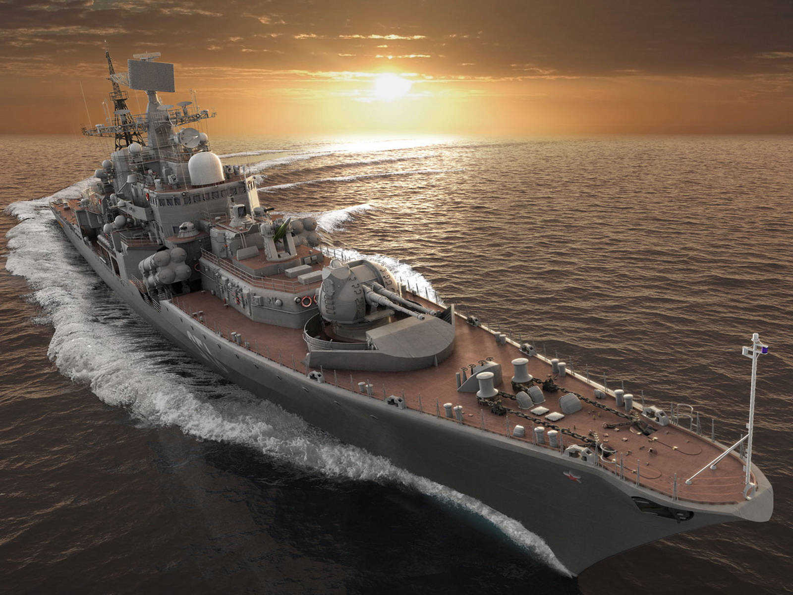戰艦與日落 壁紙 — 一艘灰色戰艦在金色日落天空和發光的地平線下劃過海浪。