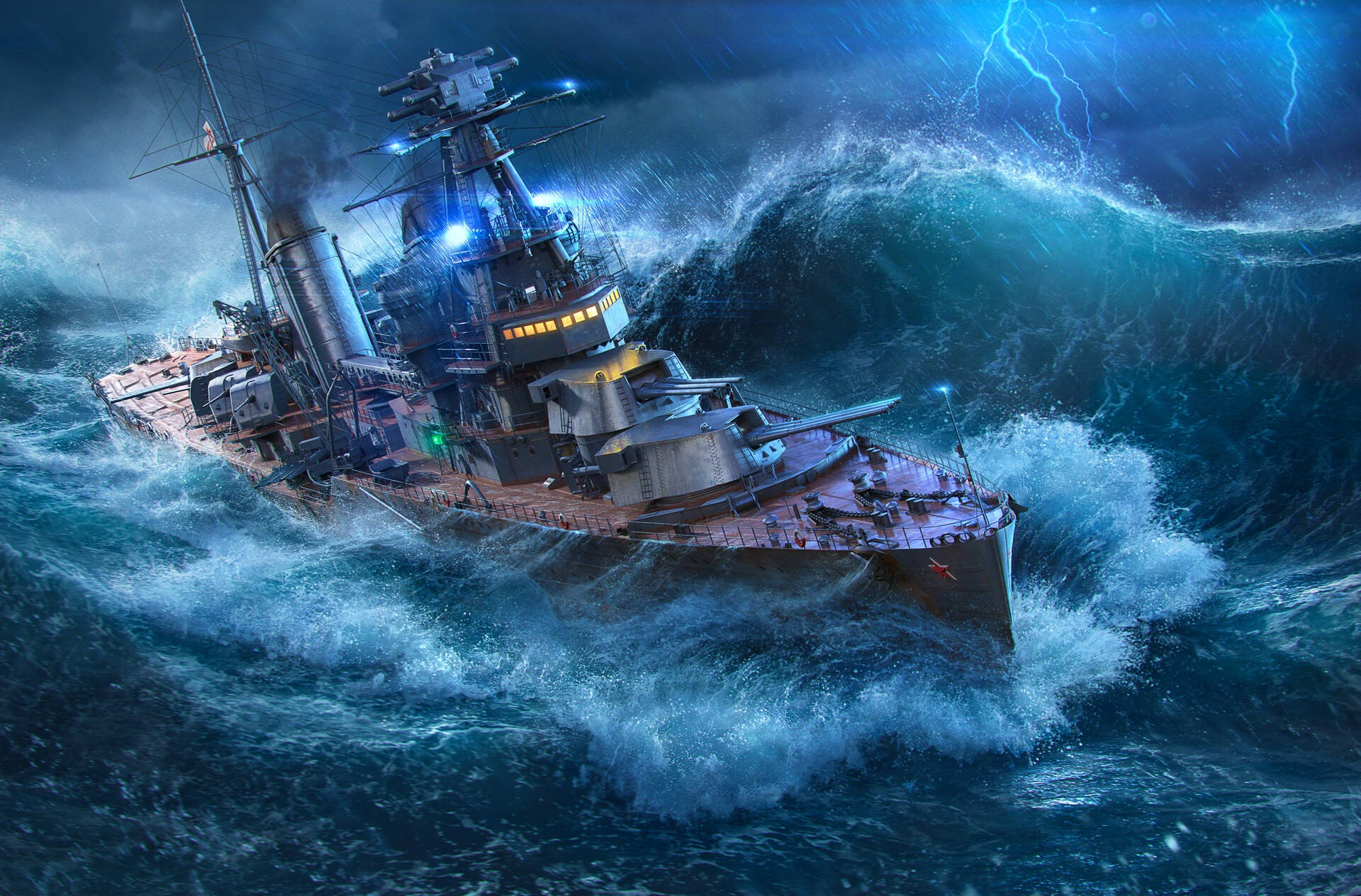 戰艦陷入暴風雨 壁紙 — 一艘戰艦在電光藍色閃電照亮嘅暴風雨天空下，奮力穿越巨浪。