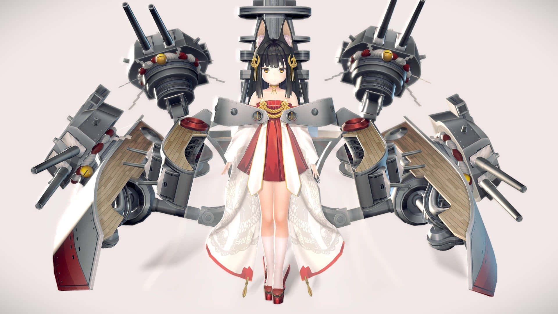 身穿和服的動漫少女被艦炮塔包圍。