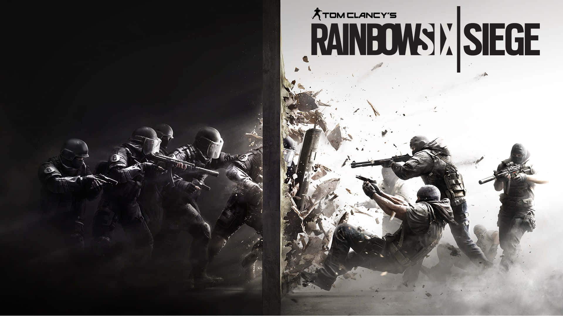 Rainbow Six Siege Operators 桌布 壁紙 — 戰術士兵在《Tom Clancy's Rainbow Six Siege》的高對比黑白動作場景中突破牆壁。