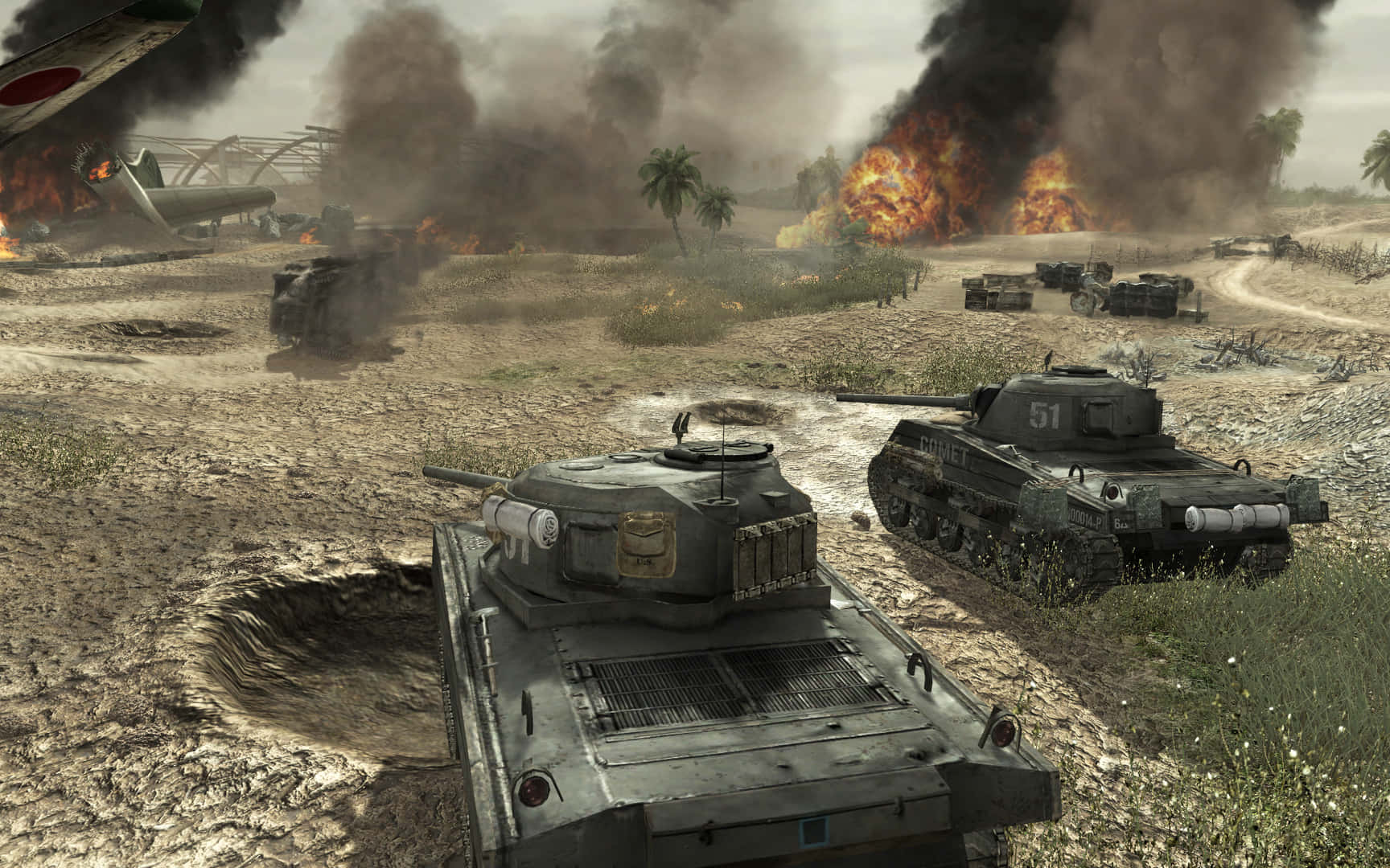Call Of Duty Battles 桌布 壁紙 — 戰車在泥濘的戰場上前進，爆炸和黑煙從燃燒的車輛和建築物中升起。