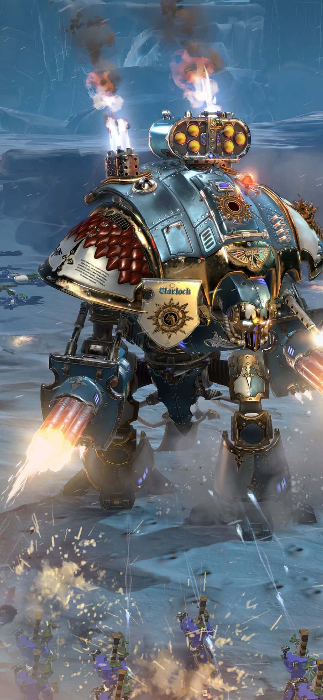 《戰錘40K：戰役III》在iPhone XS上精彩呈現 壁紙 — 一架巨大的裝甲戰爭機器在雪地戰場上發射發光的炮彈，下方有較小的人物在逃離。