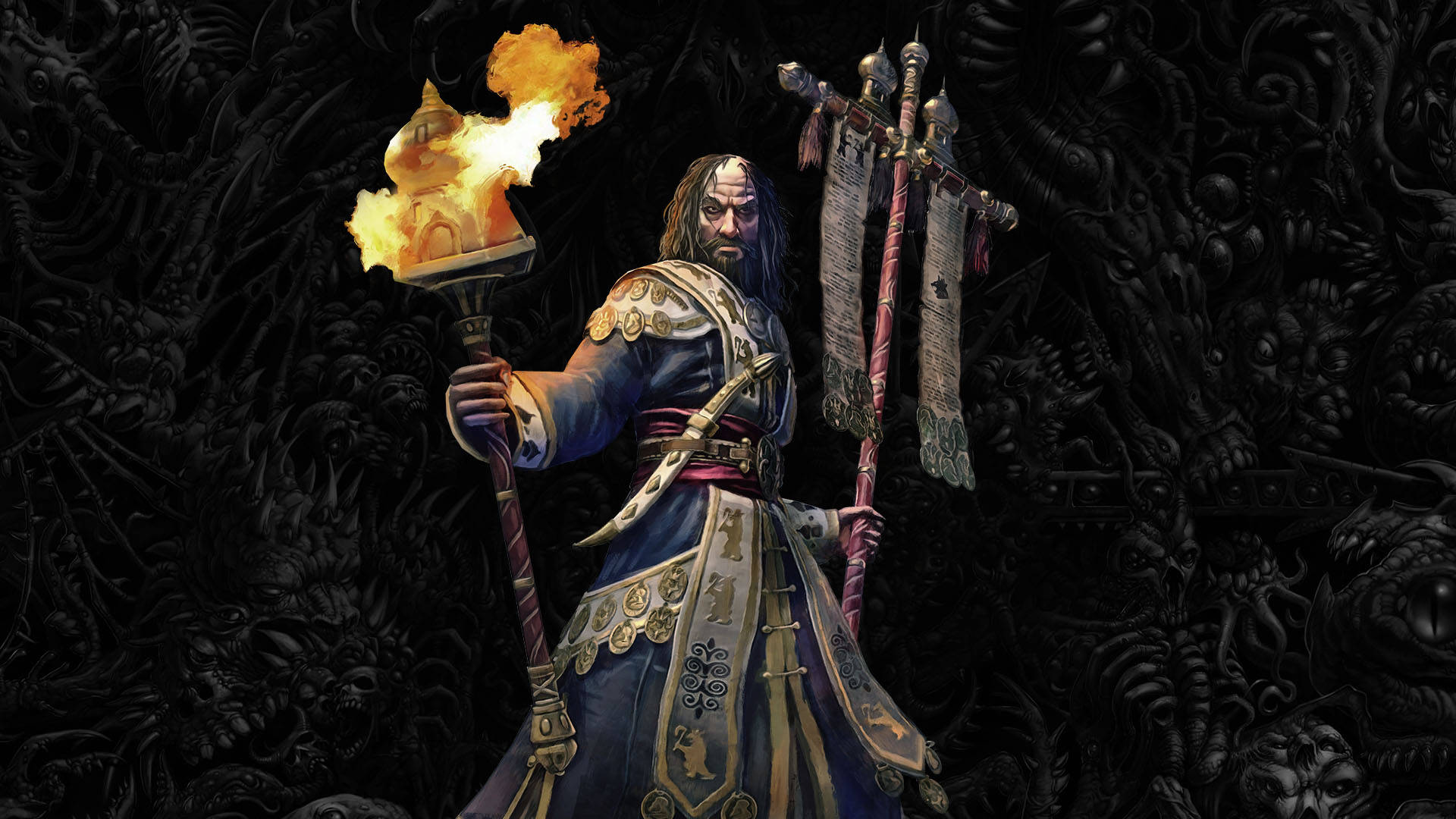奇幻戰士手持火把和旗幟站在惡魔面孔前。