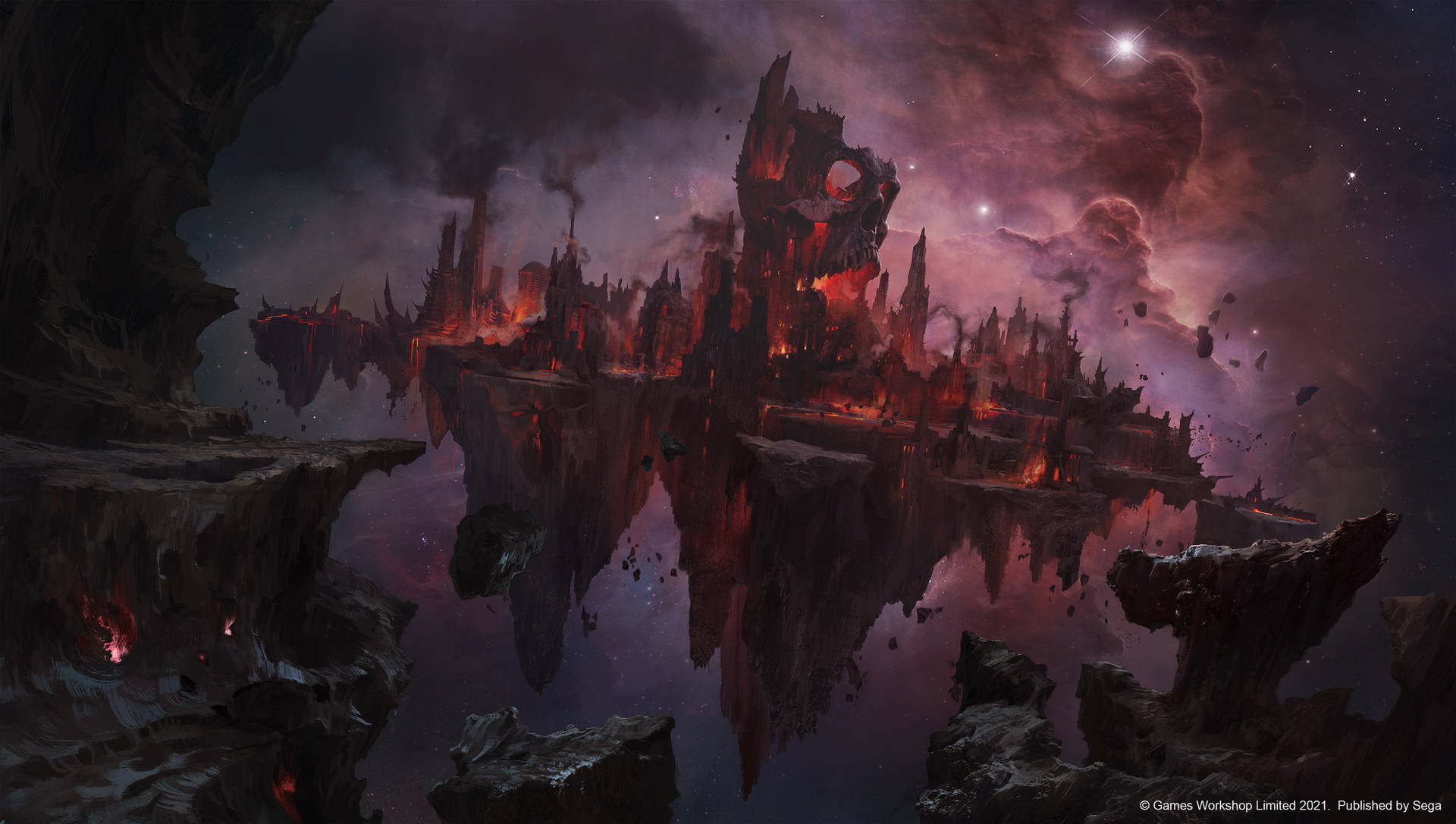 浮空要塞城市，熾熱的火焰在星空下的宇宙虛空中倒映。