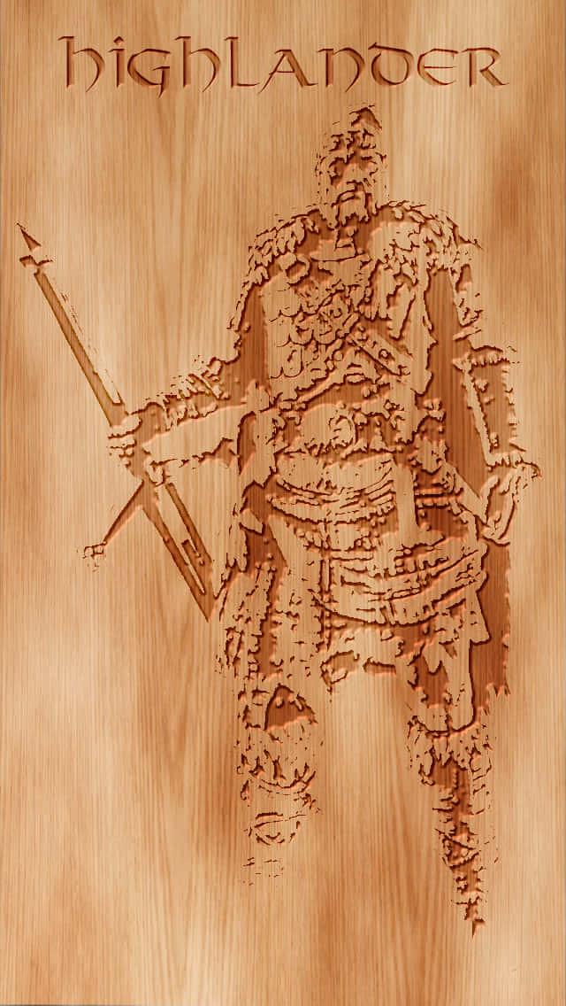 《戰鎚：榮耀》手機主題 壁紙 — 一個詳細的燒木插圖，描繪高地戰士手持長矛在淺色木板上，上方有「highlander」文字。