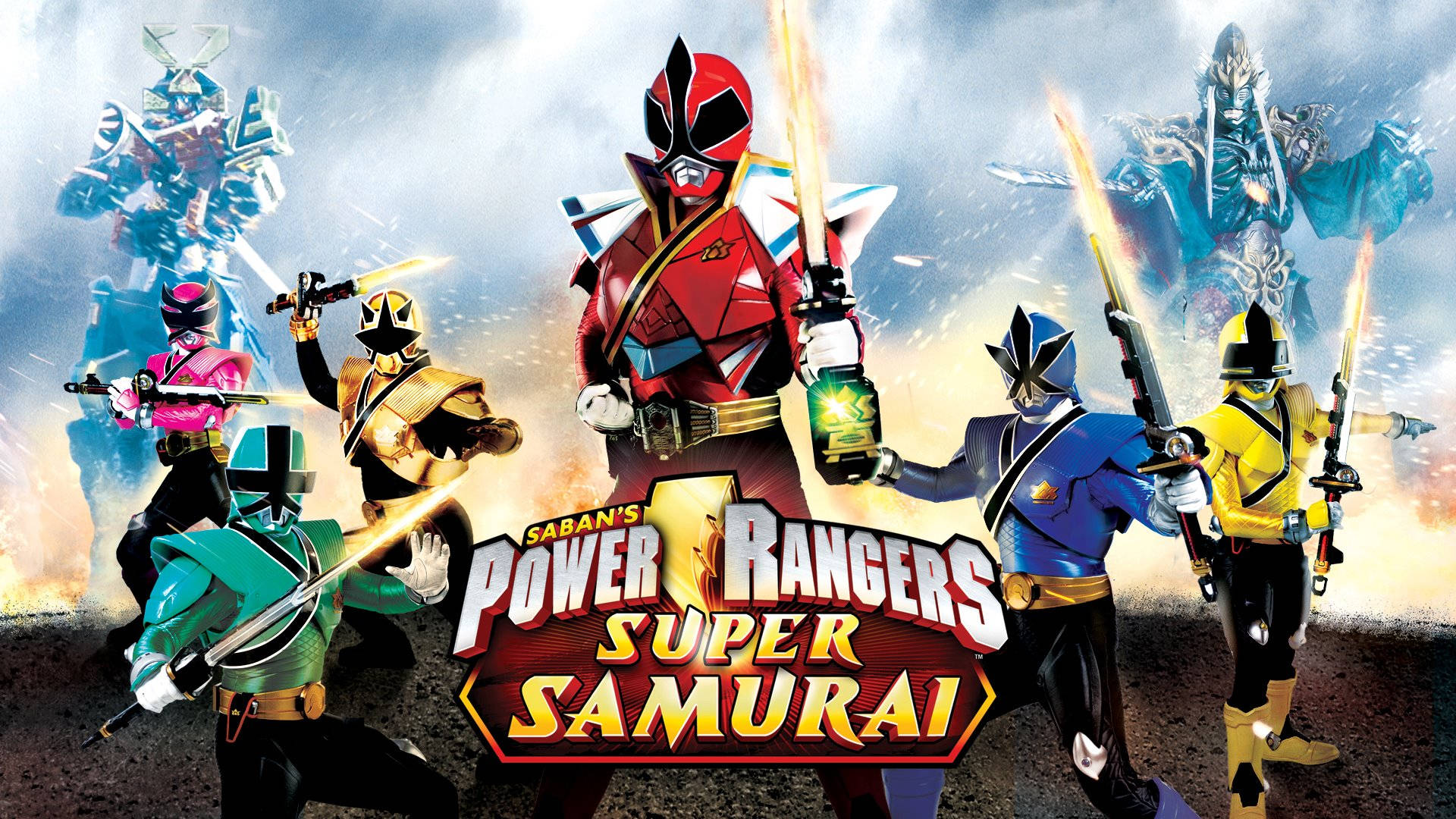 戰隊忍者超級武士力量 壁紙 — 六位身穿彩色盔甲的Power Rangers手持發光劍，在暴風雨背景下準備就緒，身後有一個巨大的怪物若隱若現。