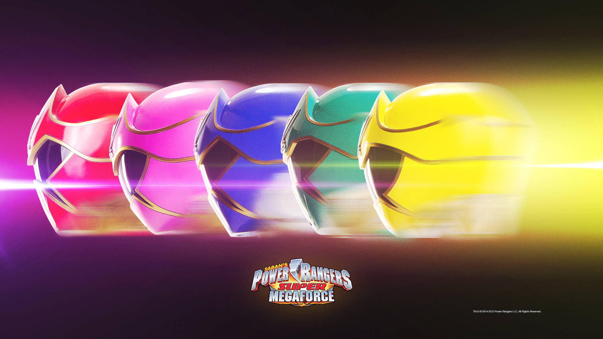 戰隊忍者頭盔 壁紙 — 五個發光的 Power Rangers 頭盔，分別為紅色、粉紅色、藍色、綠色和黃色，在深色漸變背景上散發能量。