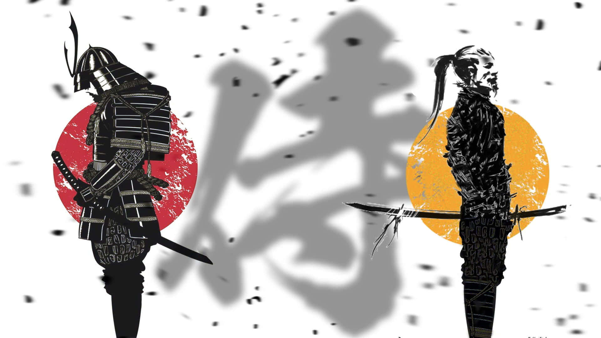 兩個動漫風格的武士戰士手持劍，在紅色和黃色太陽前擺出戰鬥姿勢。