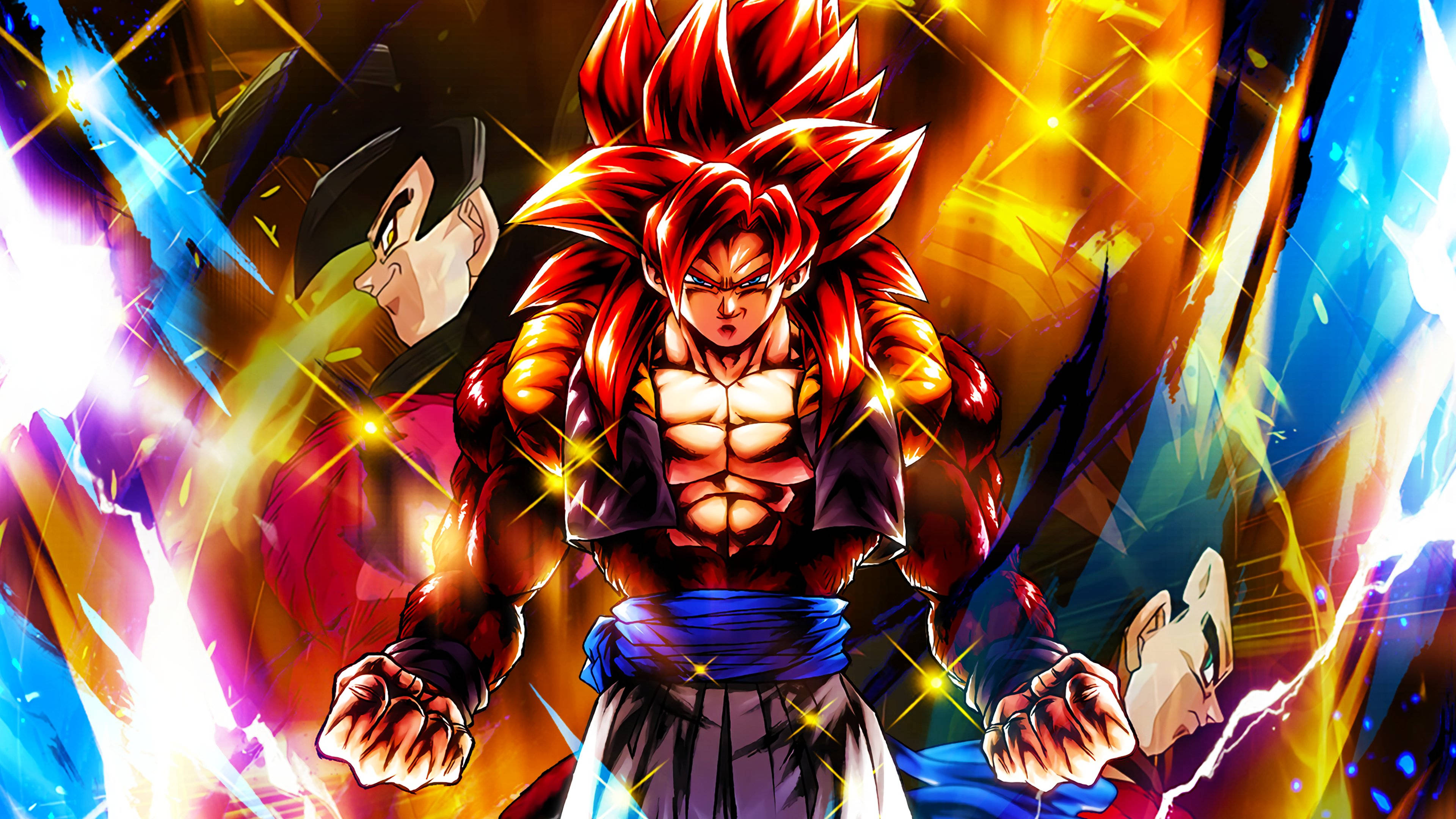戰鬥-ready 的 SSJ4 Gogeta 壁紙 — 一位擁有紅色刺蝟頭和發光氣場的強大動漫戰士，挑釁地站在充滿活力的宇宙能量爆發前。