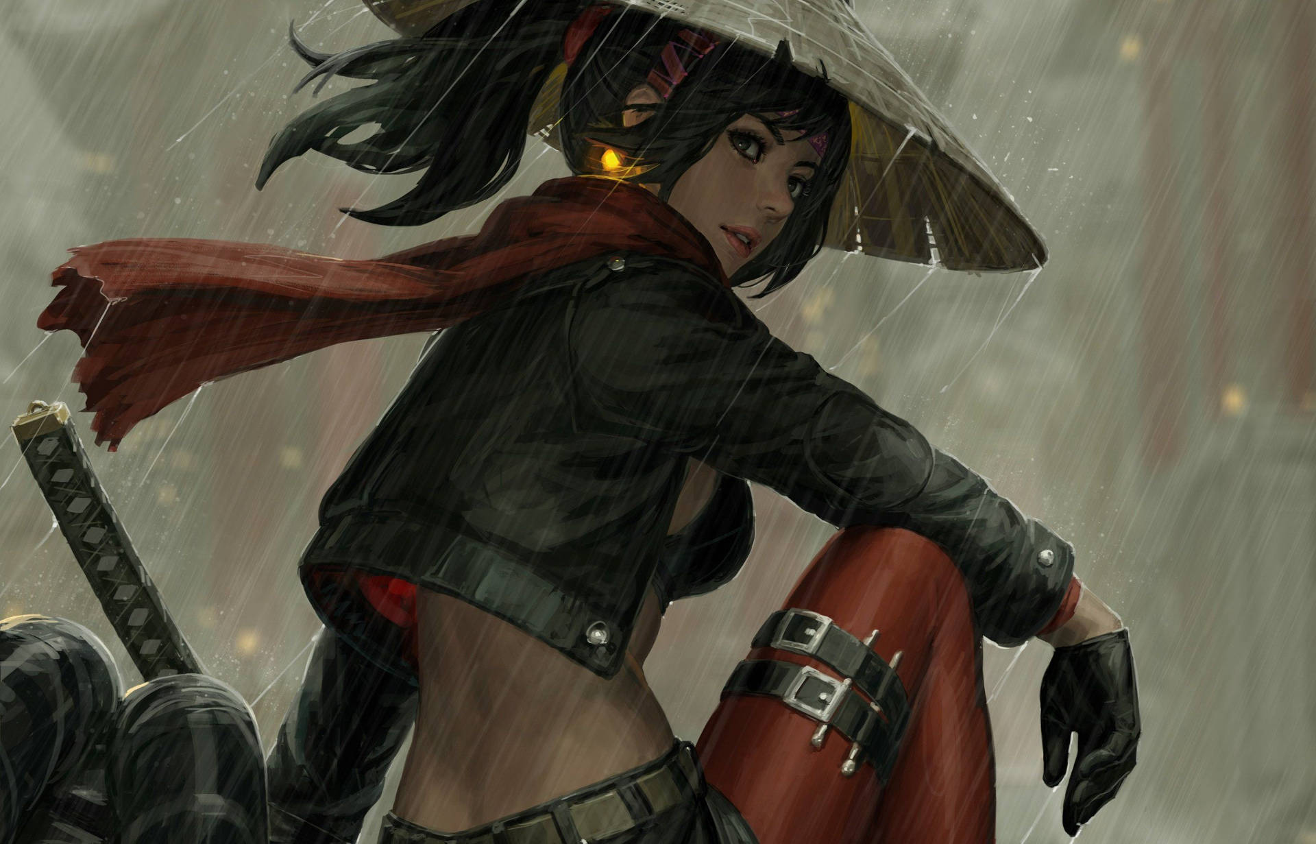 動漫女戰士在雨中持劍和紅色圍巾。