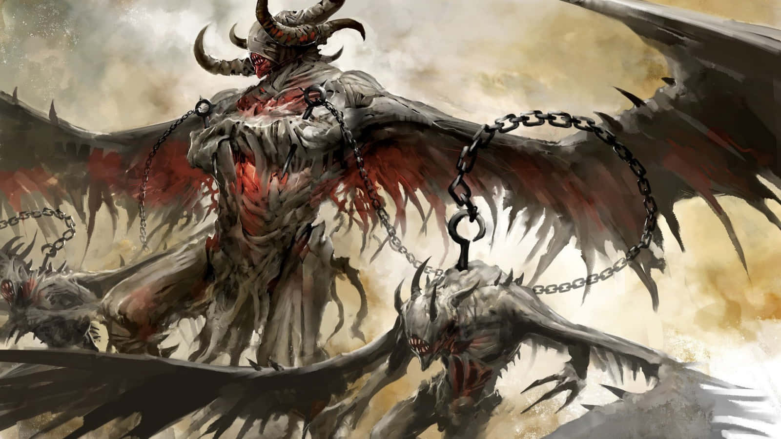 一個帶著鎖鏈和翅膀的惡魔形象，在與較小惡魔的戰鬥場景中佔據主導地位。