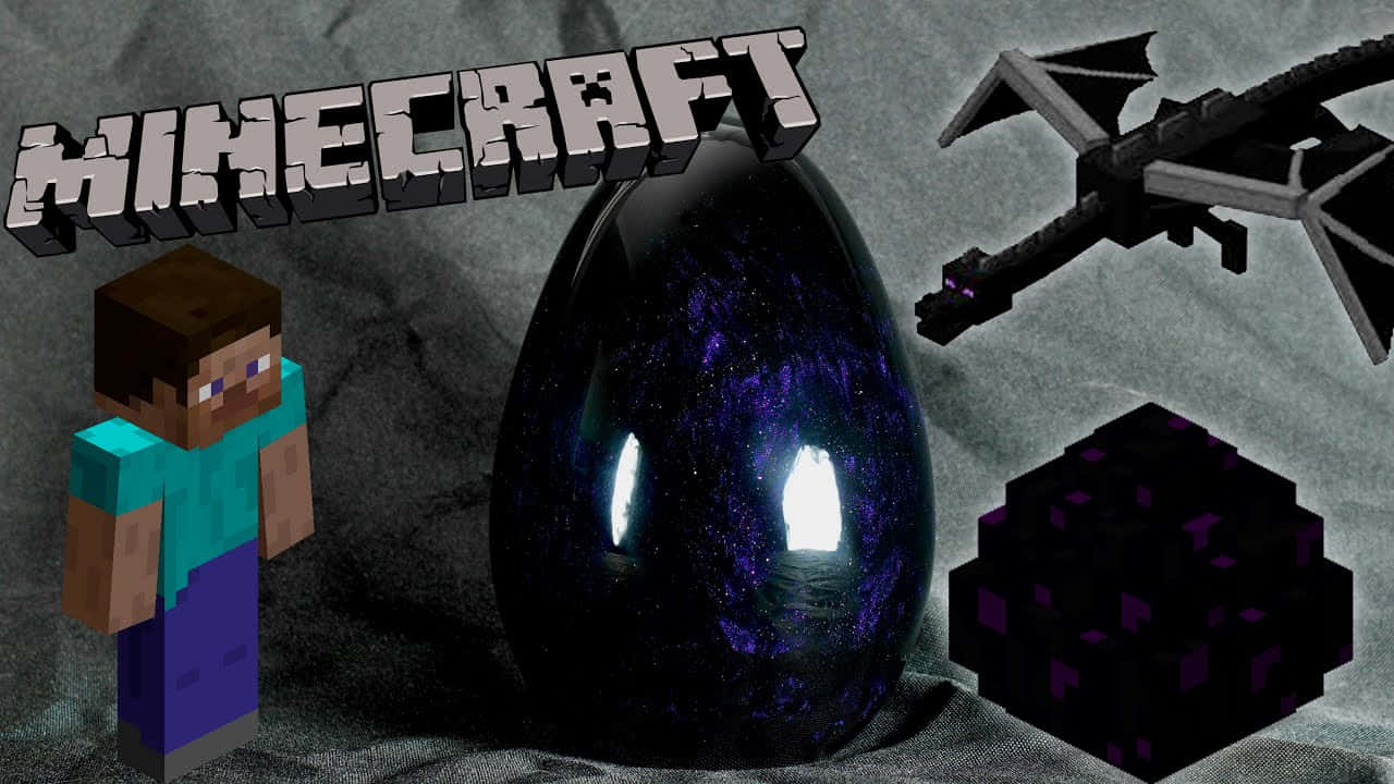 戰鬥中的末影龍 壁紙 — 一個Minecraft玩家企喺發光嘅紫色龍蛋旁邊，背景係方塊石頭，有一條黑龍同地獄疣方塊。