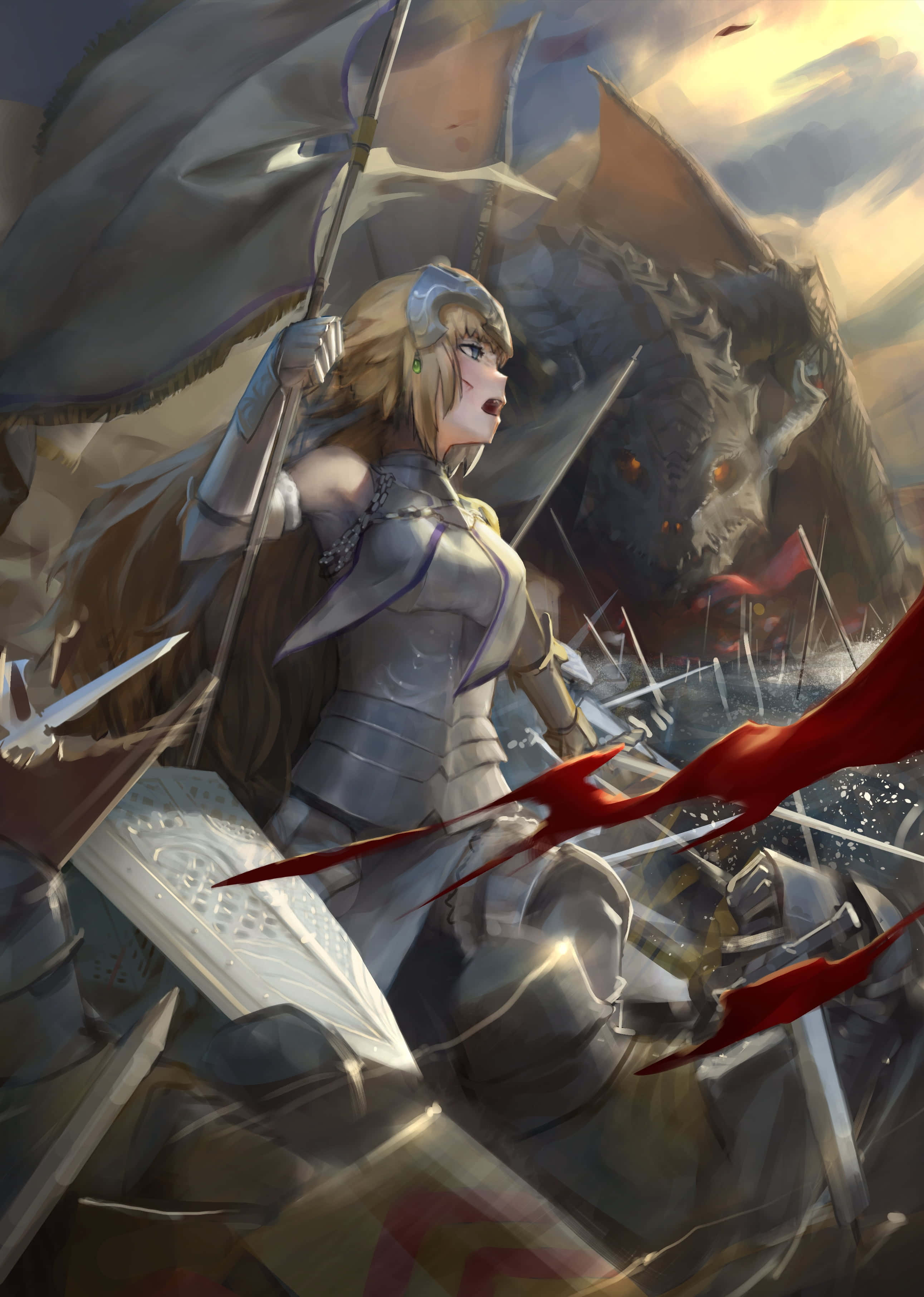 戰鬥你的命運，《Fate/Grand Order》 壁紙 — 一位堅定的女騎士身穿銀色盔甲，在混亂的戰場上與巨龍戰鬥，周圍有飛揚的碎片和紅色能量條紋。