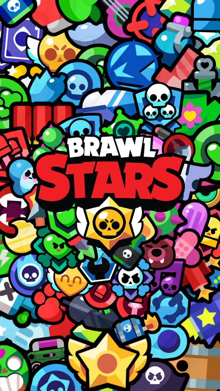Brawl Stars 遊戲標誌被色彩繽紛的卡通角色和圖標包圍。