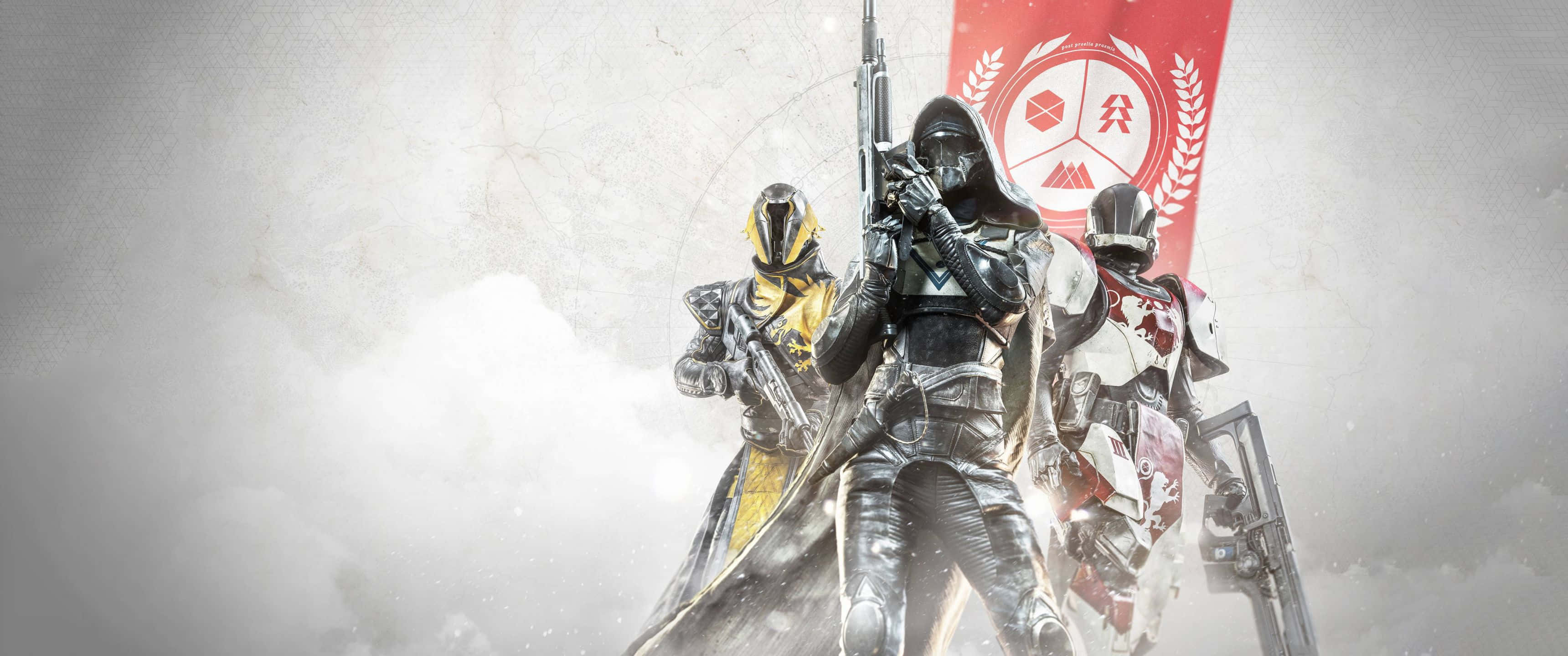 戰鬥揭開《Destiny 2》的神秘面紗 壁紙 — 三名裝甲士兵站在迷霧雲層中手持武器，身後有一面帶有白色徽章的紅旗。