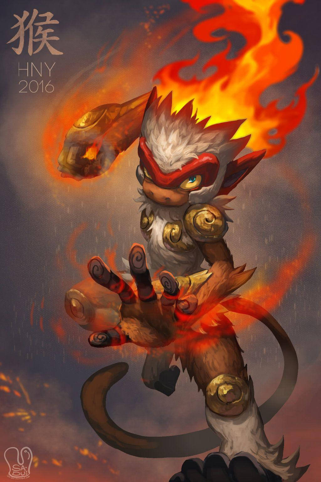 一個火熱的猴子戰士，身穿金色盔甲，周圍有火焰跳躍。