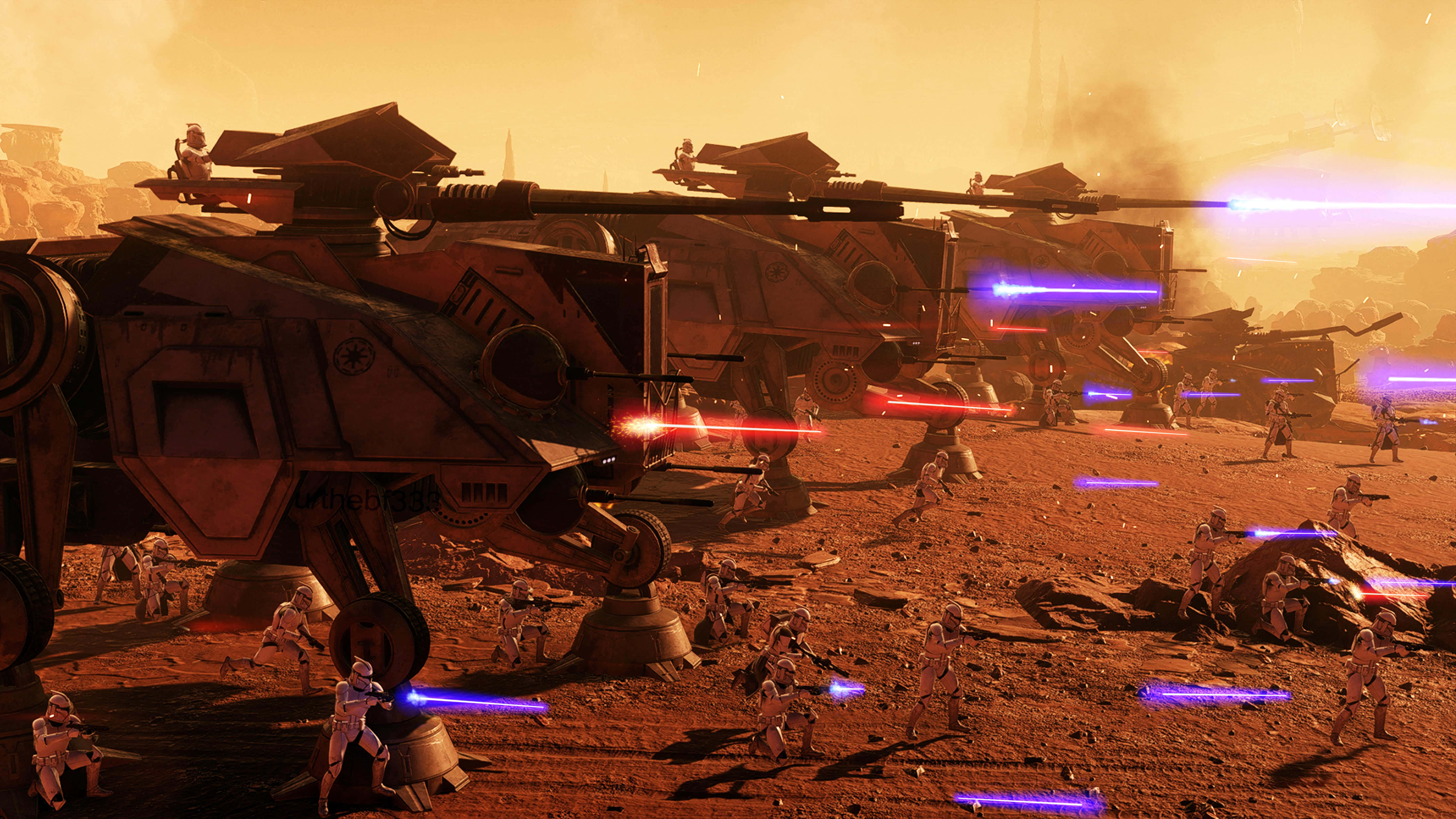 Geonosis 桌布 壁紙 — 戰鬥機械人和步行機在塵土飛揚的外星行星上，在發光的橙色天空下碰撞。