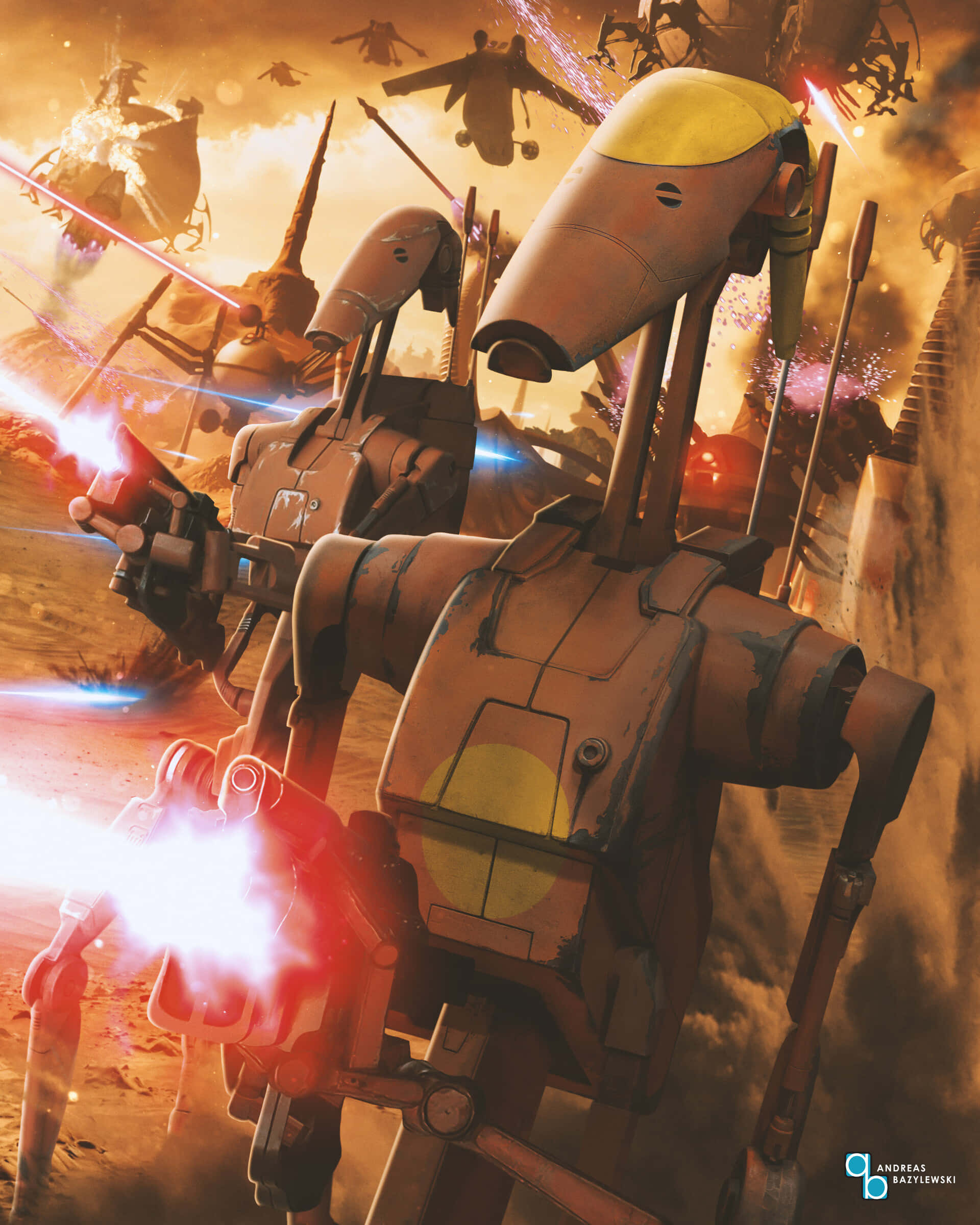 The Battle Of Geonosis 桌布 壁紙 — 戰鬥機械人在混亂的沙漠戰場上發射明亮的紅色激光，伴隨著爆炸和飛行車輛。