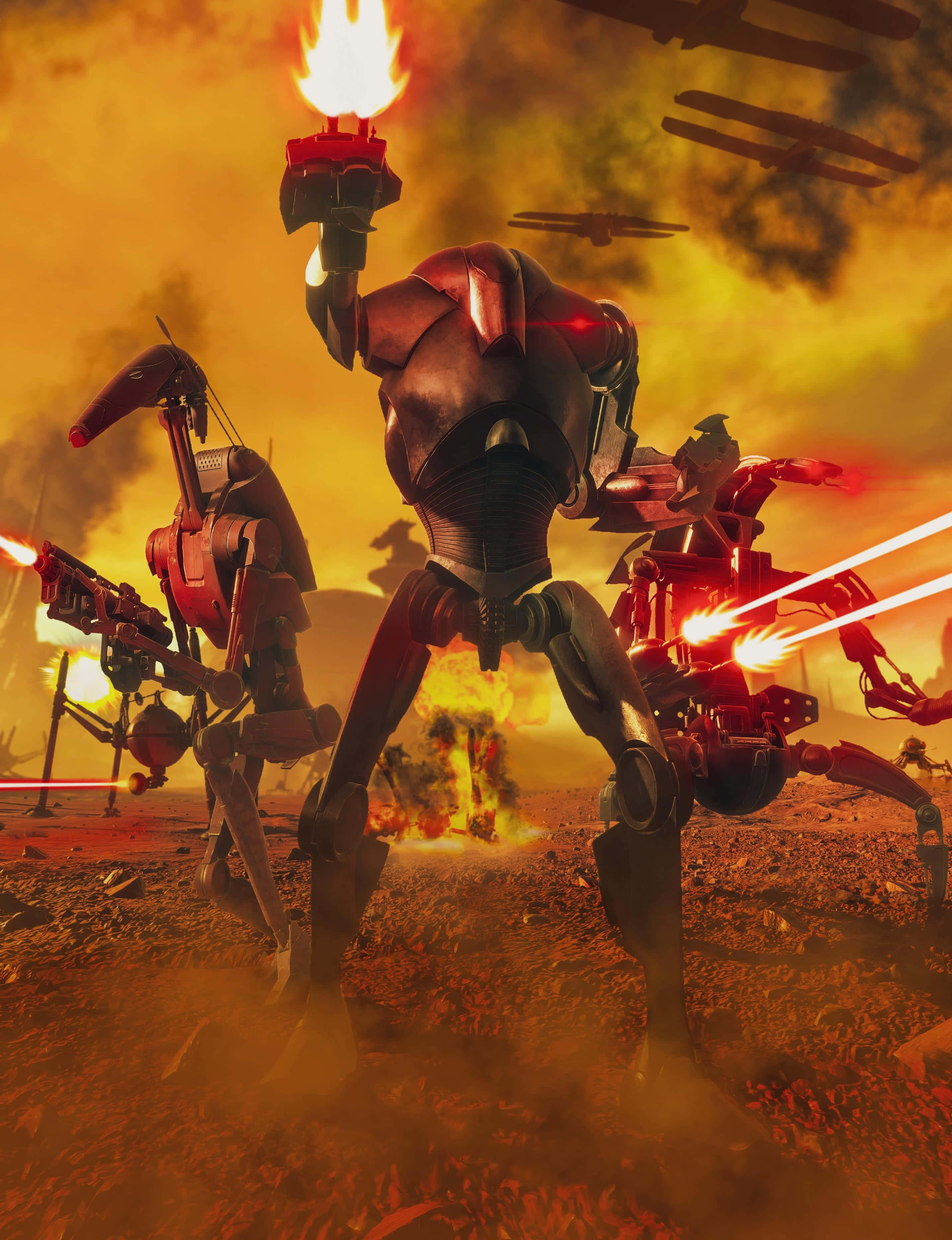 Droid Army 桌布 壁紙 — 戰鬥機械人在煙霧瀰漫的天空下，於熾熱的橙色戰場上發射紅色爆能槍。