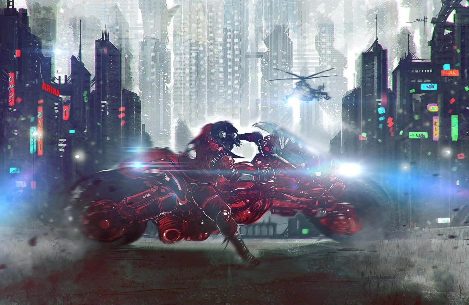 戰鬥機車少年阿基拉背景數位插畫（倒置版） 壁紙 — 一名紅色裝甲的電單車手騎著未來風格的電單車，穿過一個雨水浸濕、霓虹燈閃爍的賽博龐克城市景觀，有高聳的摩天大樓和盤旋的直升機。