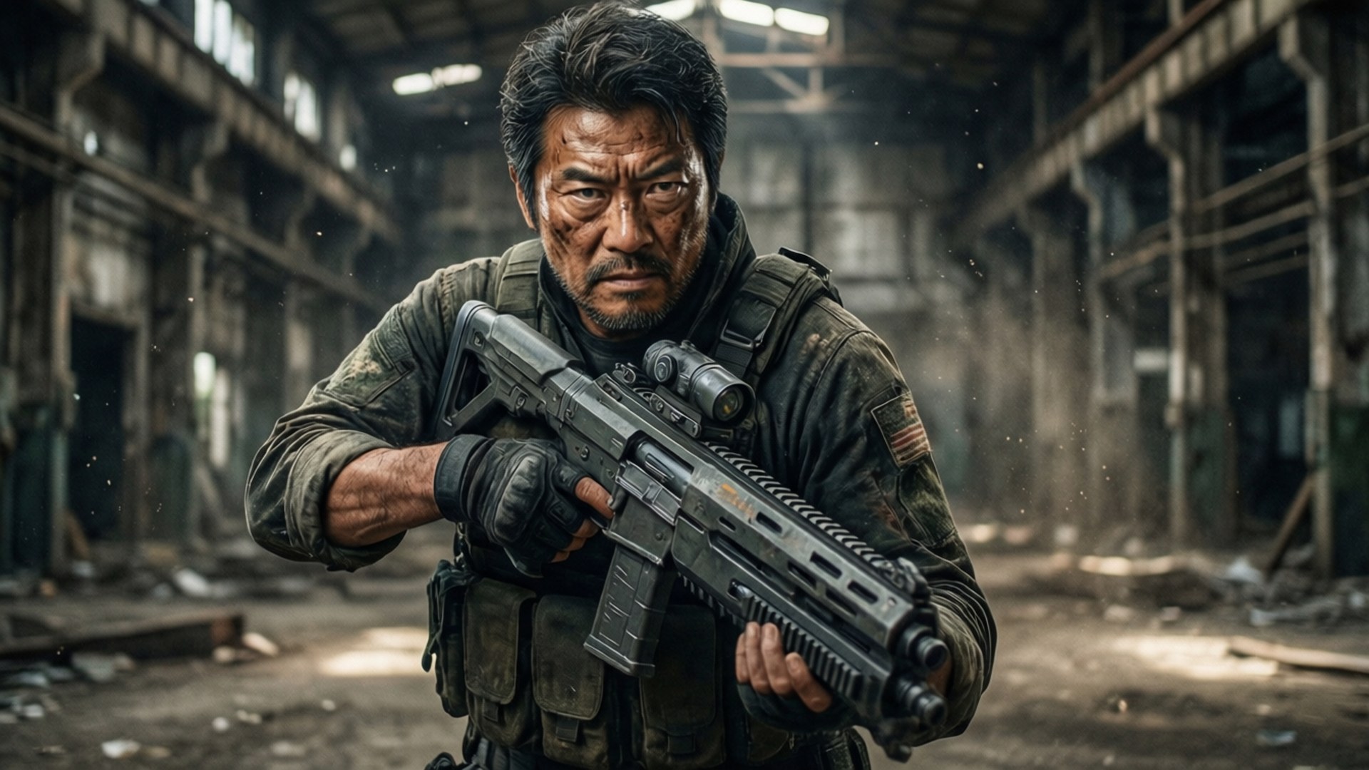 一名歷經戰鬥的士兵在廢棄工廠中持步槍。