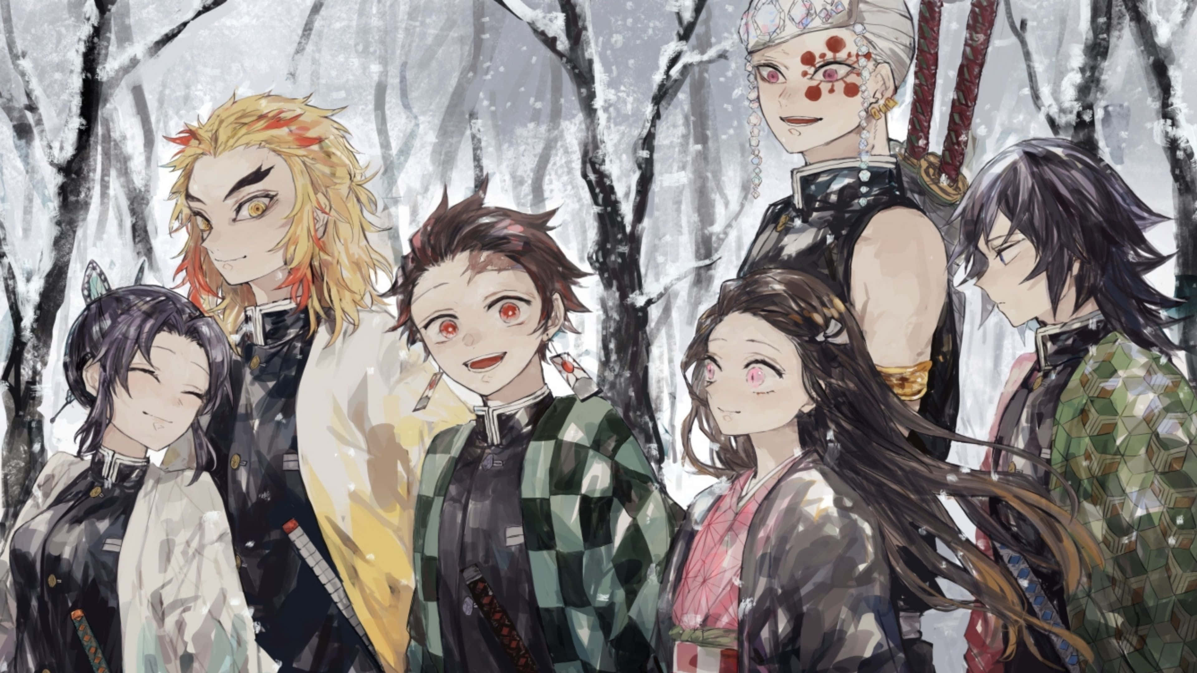戰鬥準備 - 鬼殺隊4K 壁紙 — 六個穿著傳統日本服飾的動漫角色，在雪地森林中，周圍是光禿的樹木和飄落的雪花。