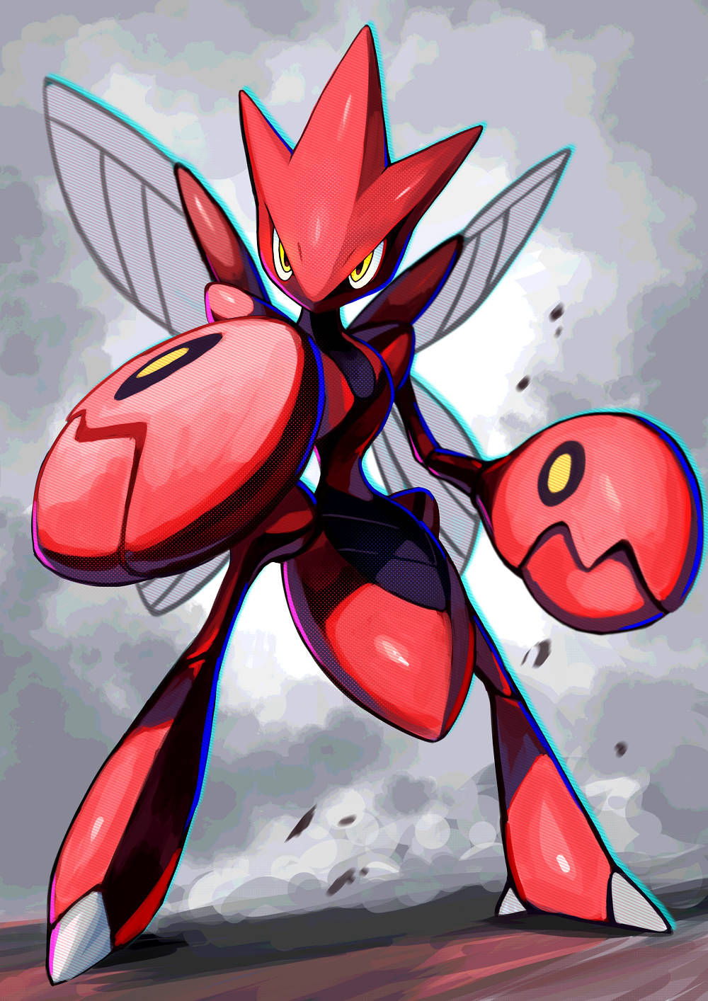 戰鬥準備中的Scizor 壁紙 — 一隻動態的紅黑色昆蟲型寶可夢，有大眼睛和翼狀附肢，站在多雲的灰色背景前。