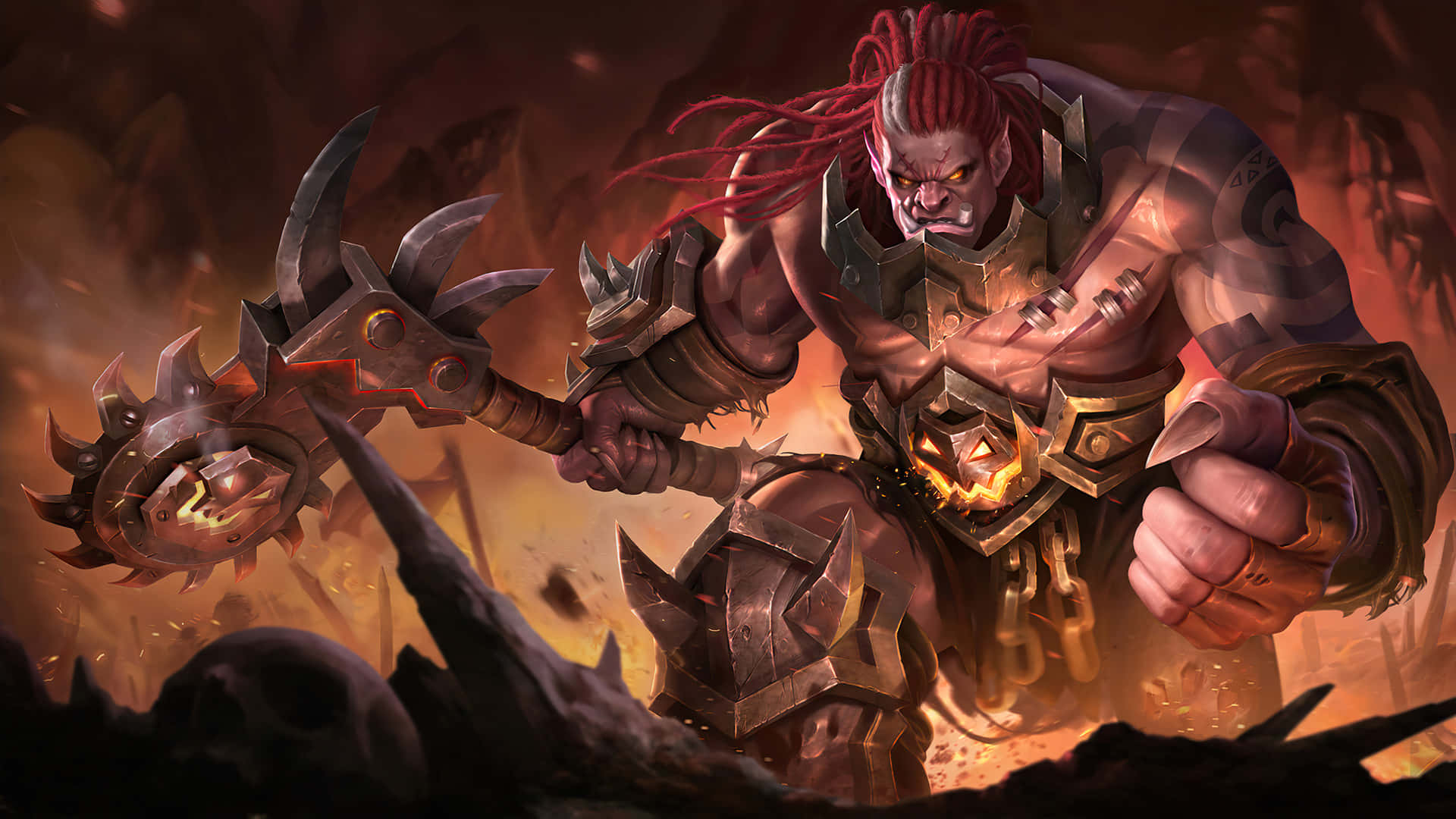 戰鬥狂獸巴爾蒙德《Mobile Legends》 壁紙 — 一個肌肉發達的惡魔戰士，紅色辮子，在熾熱的地獄廢墟中揮舞著帶刺的斧頭。
