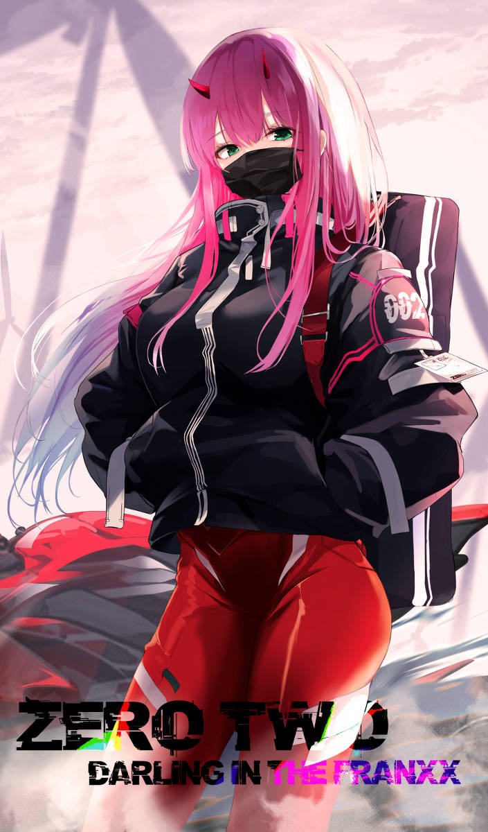 來自《DARLING in the FRANXX》的動漫角色零二，戴著口罩自信地站立。